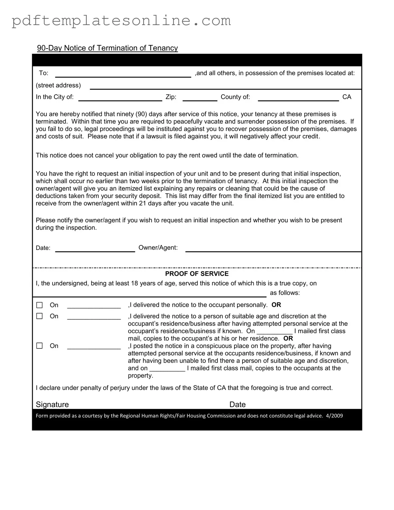 Blank 90 Day Notice To Move Out Form