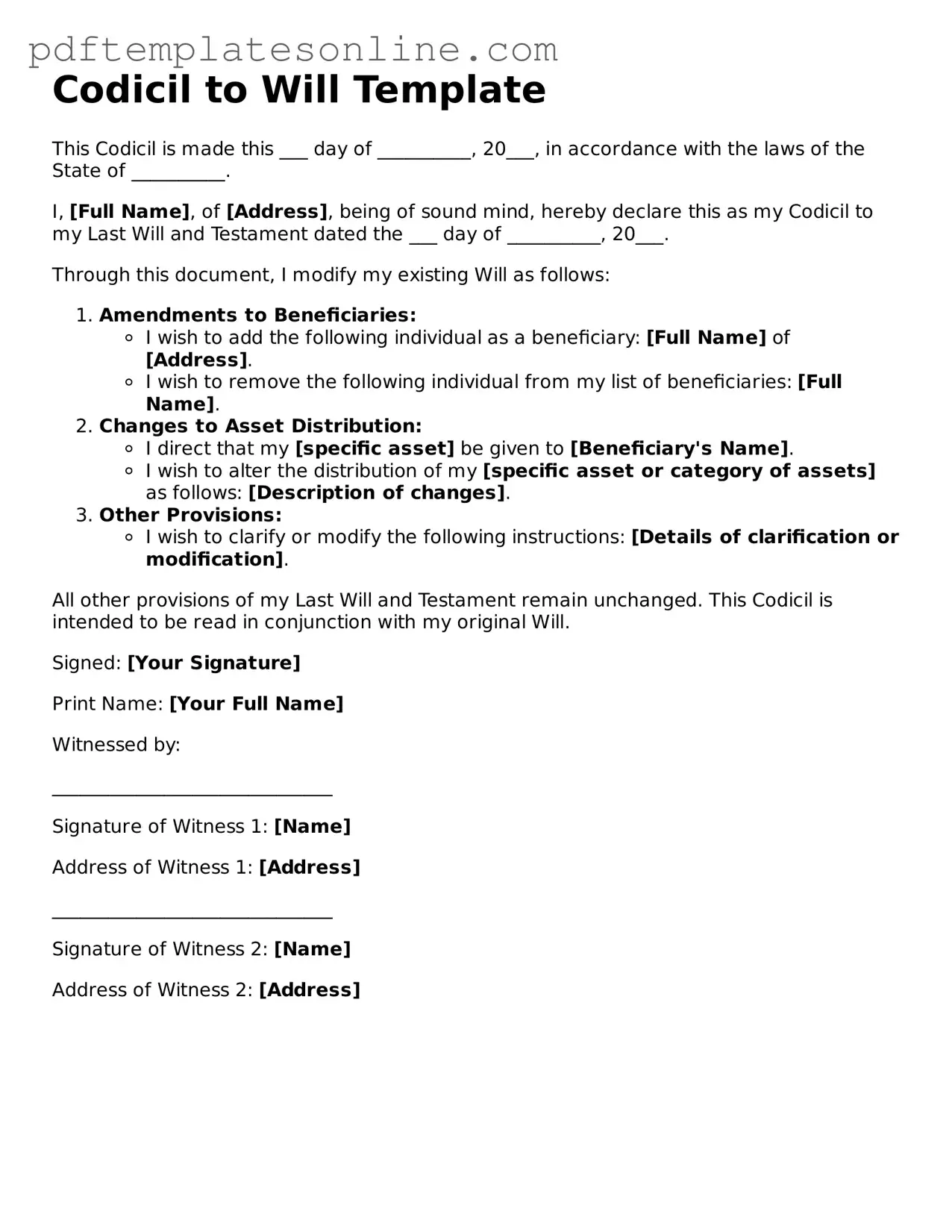 Fillable Codicil to Will Document