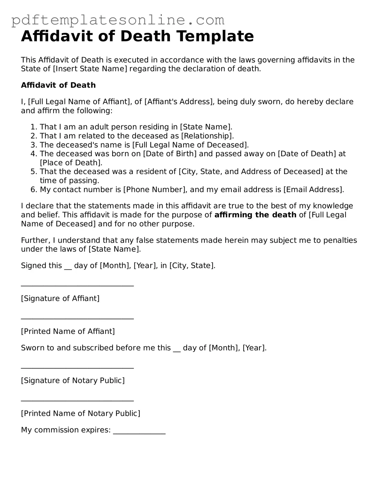 Fillable Affidavit of Death Document