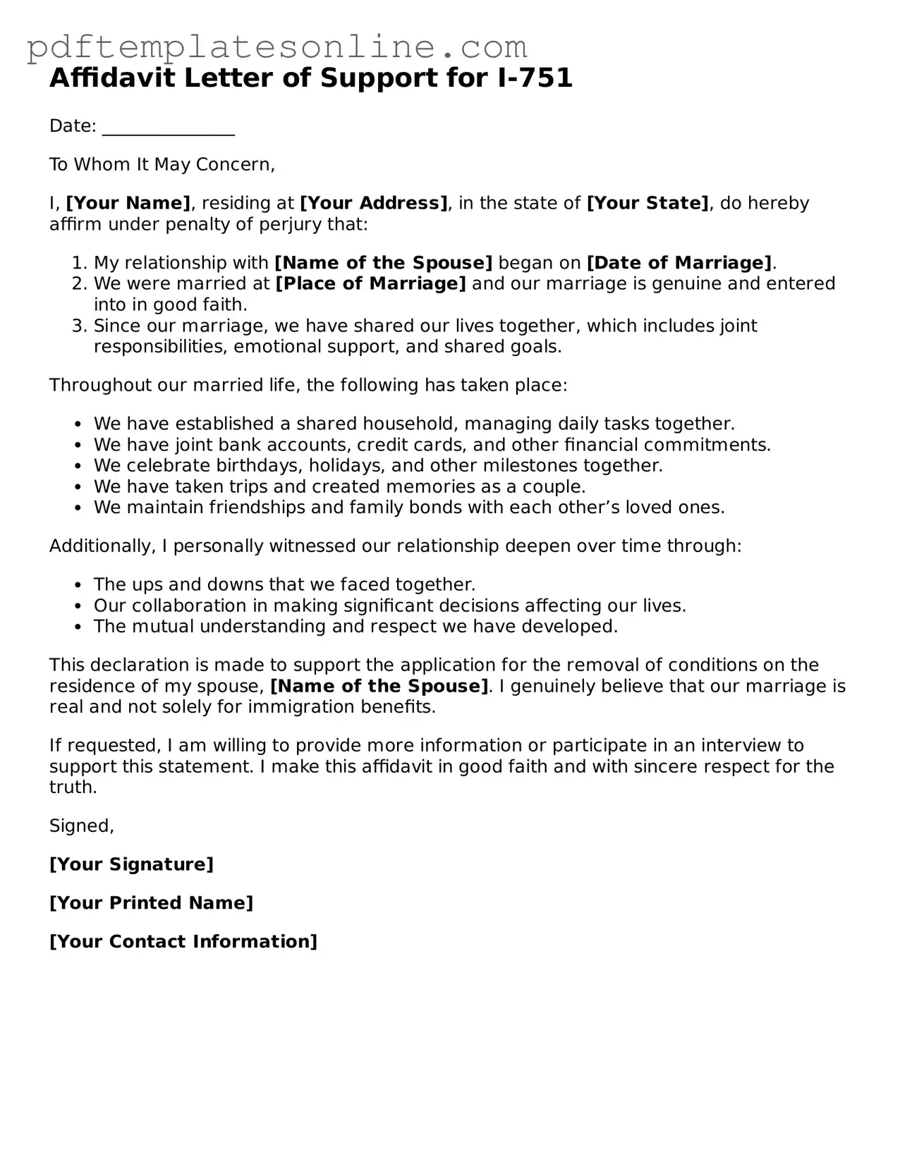 Fillable Affidavit Letter of Support for I-751 Document