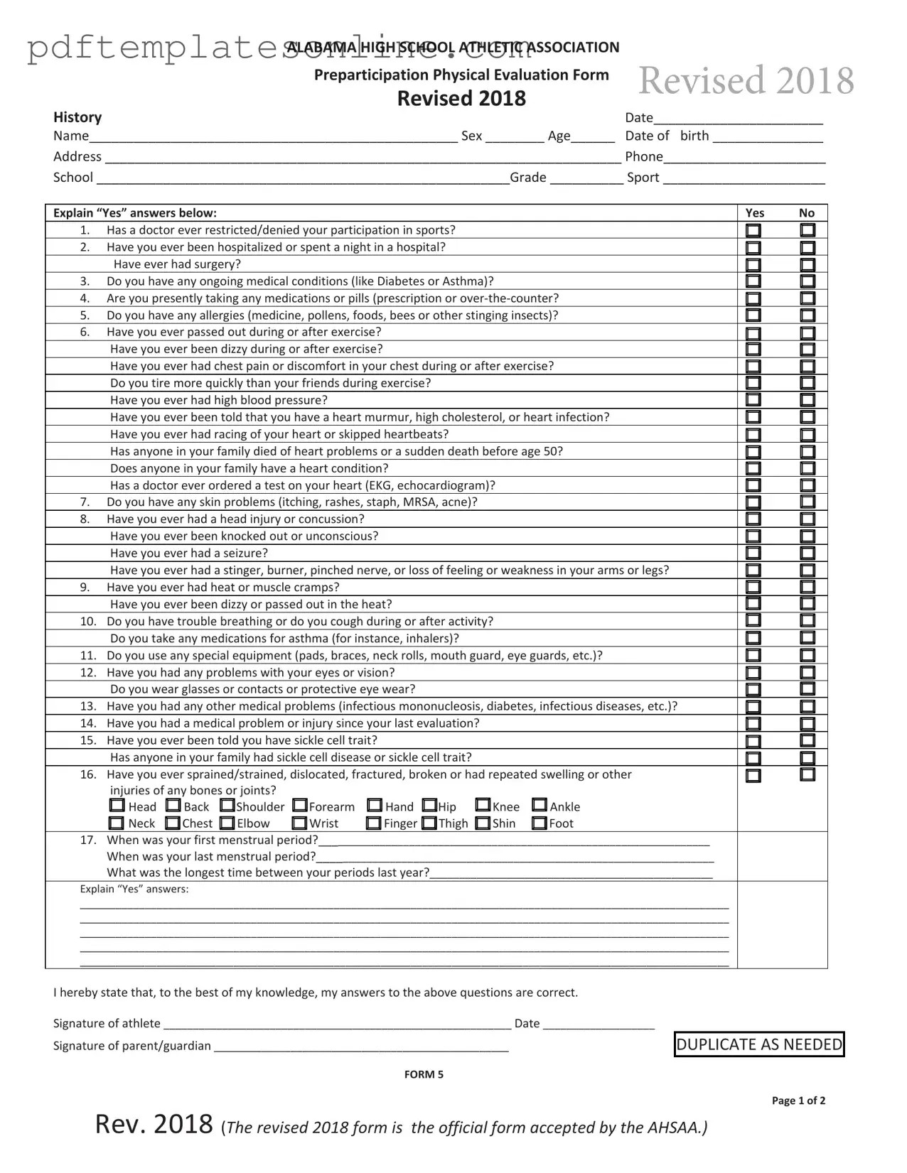 Blank Alabama High School Physical Form