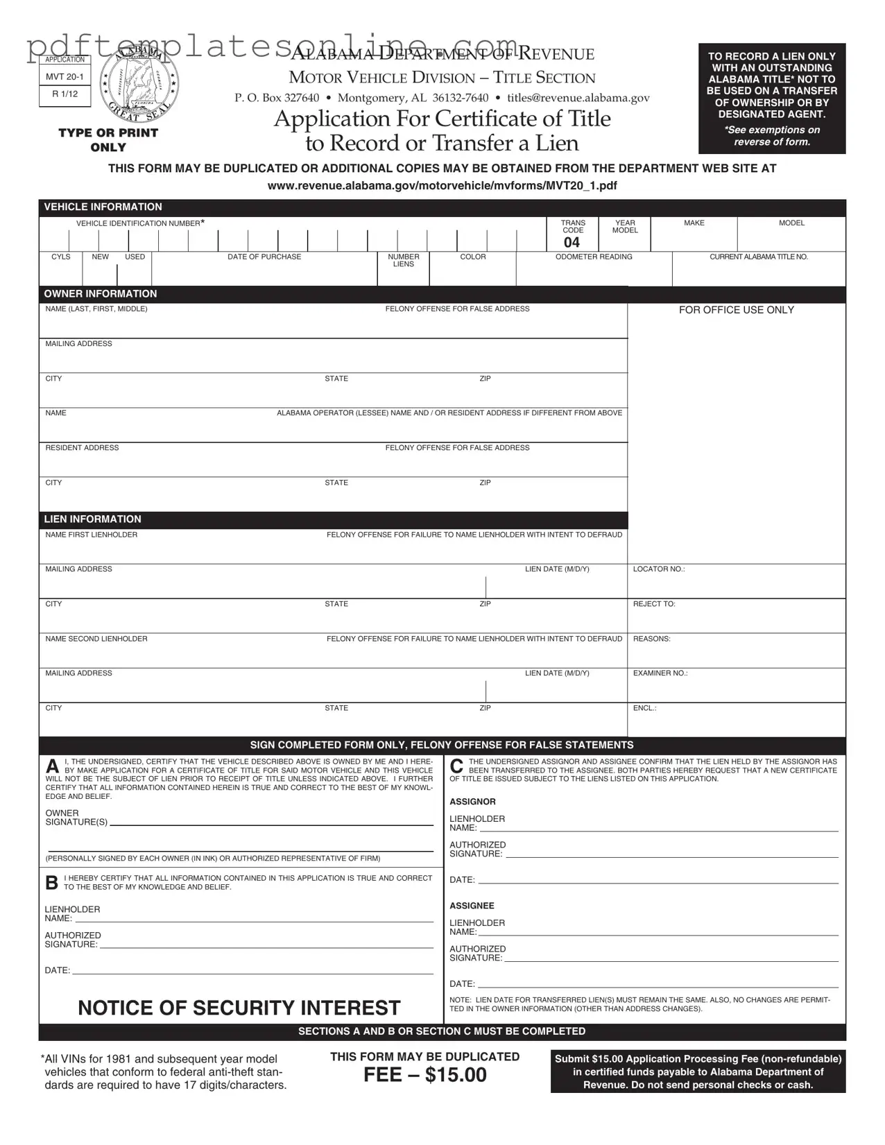 Blank Alabama Mvt 20 1 Form