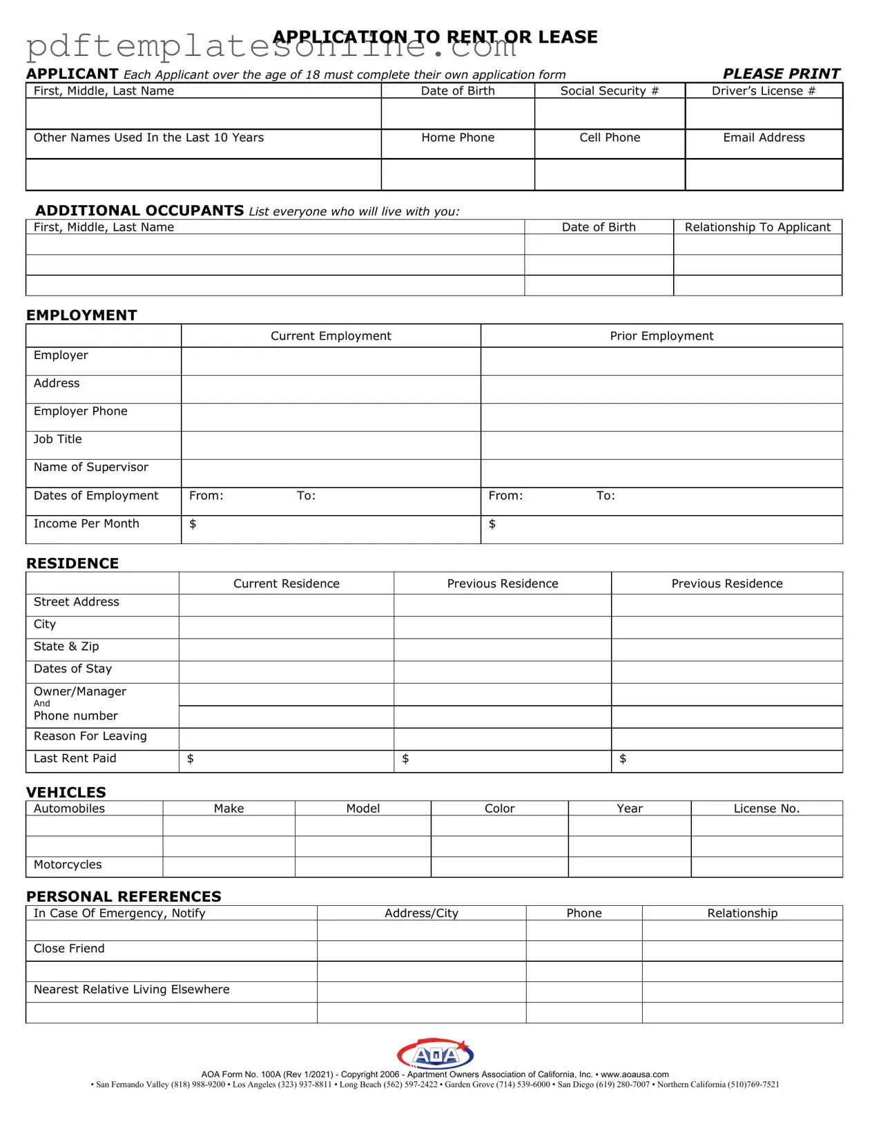 Blank Aoa 100A Form
