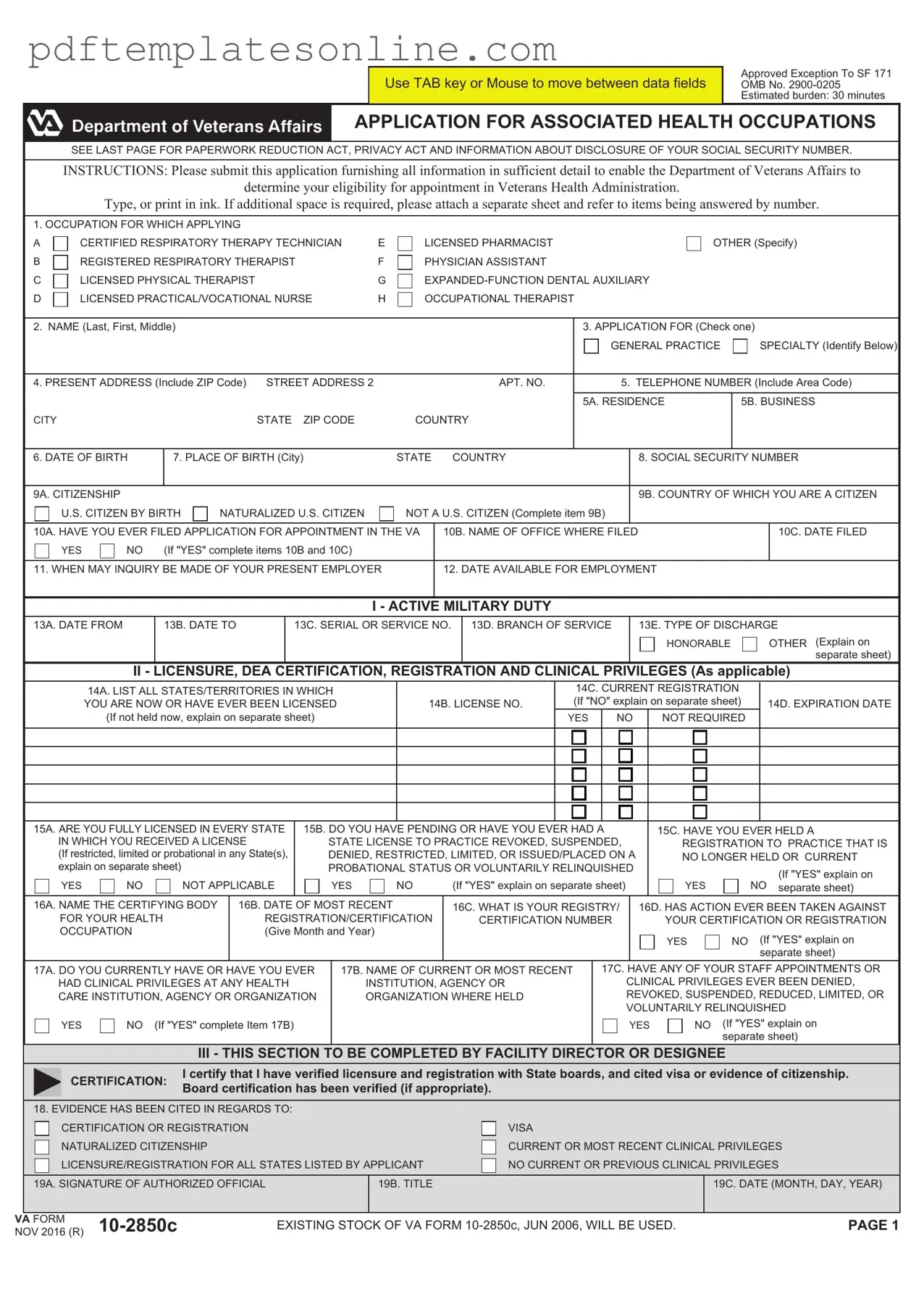 Blank VA 10-2850c Form