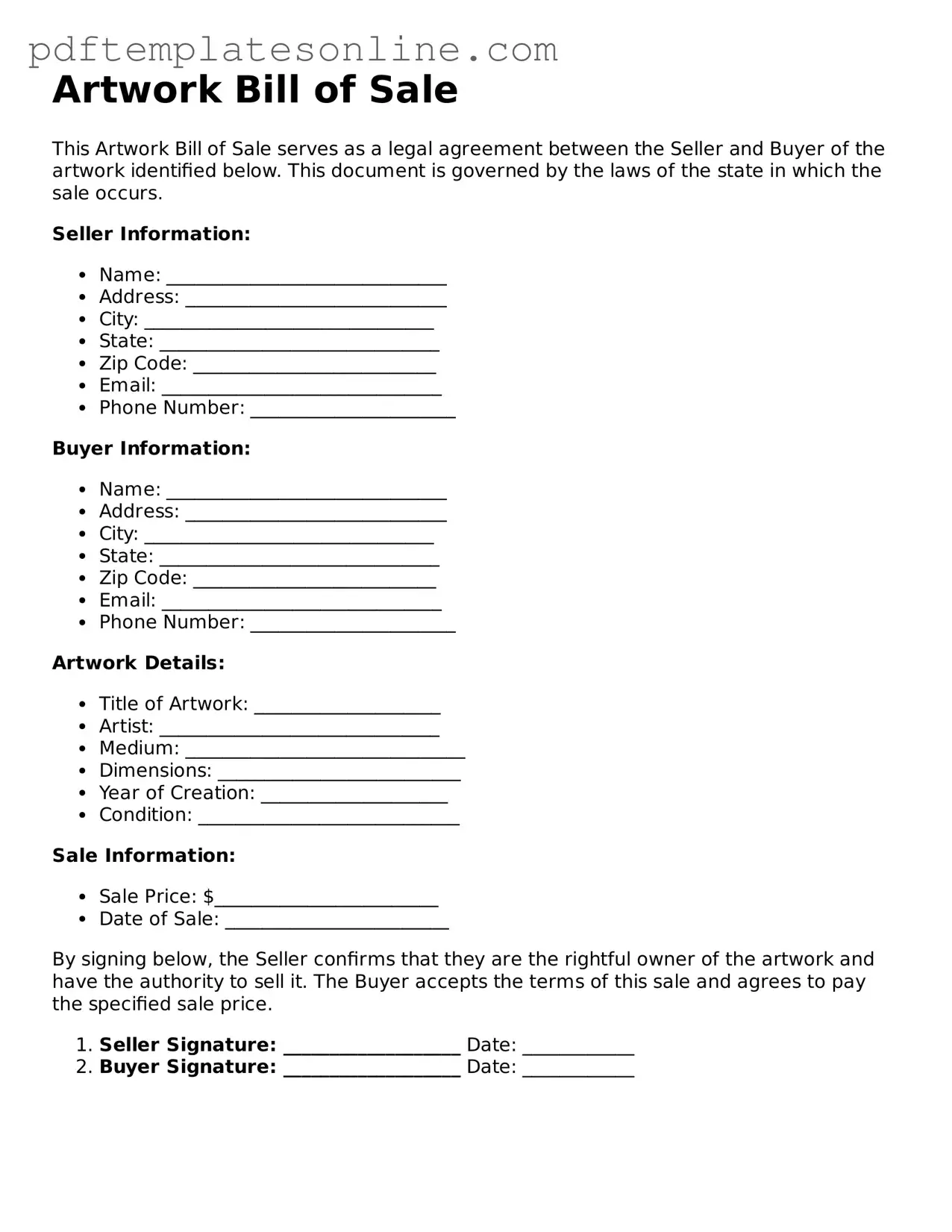 Fillable Artwork Bill of Sale Document
