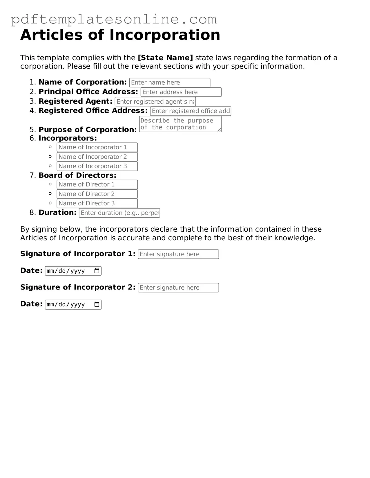 Fillable Articles of Incorporation Document