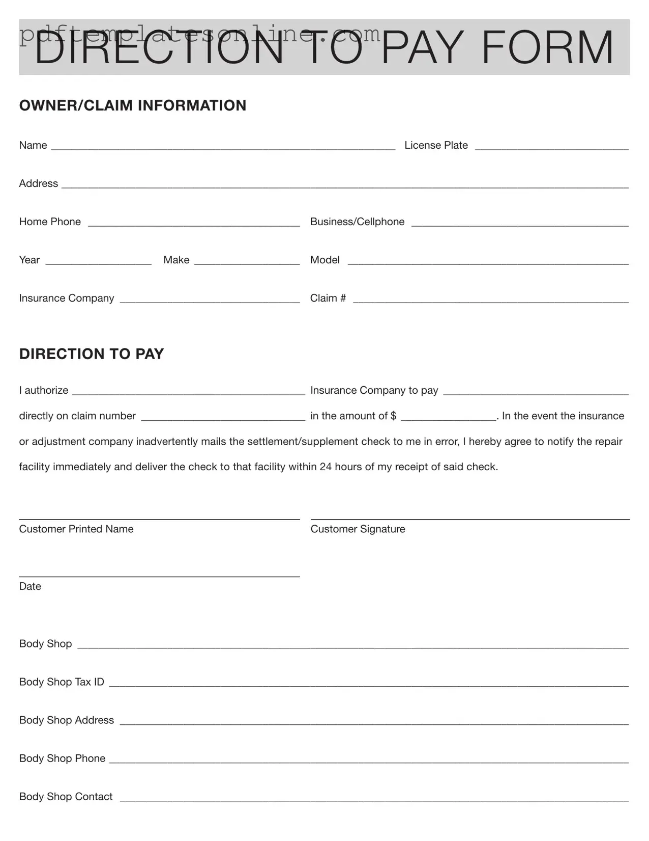Blank Authorization And Direction Pay Form