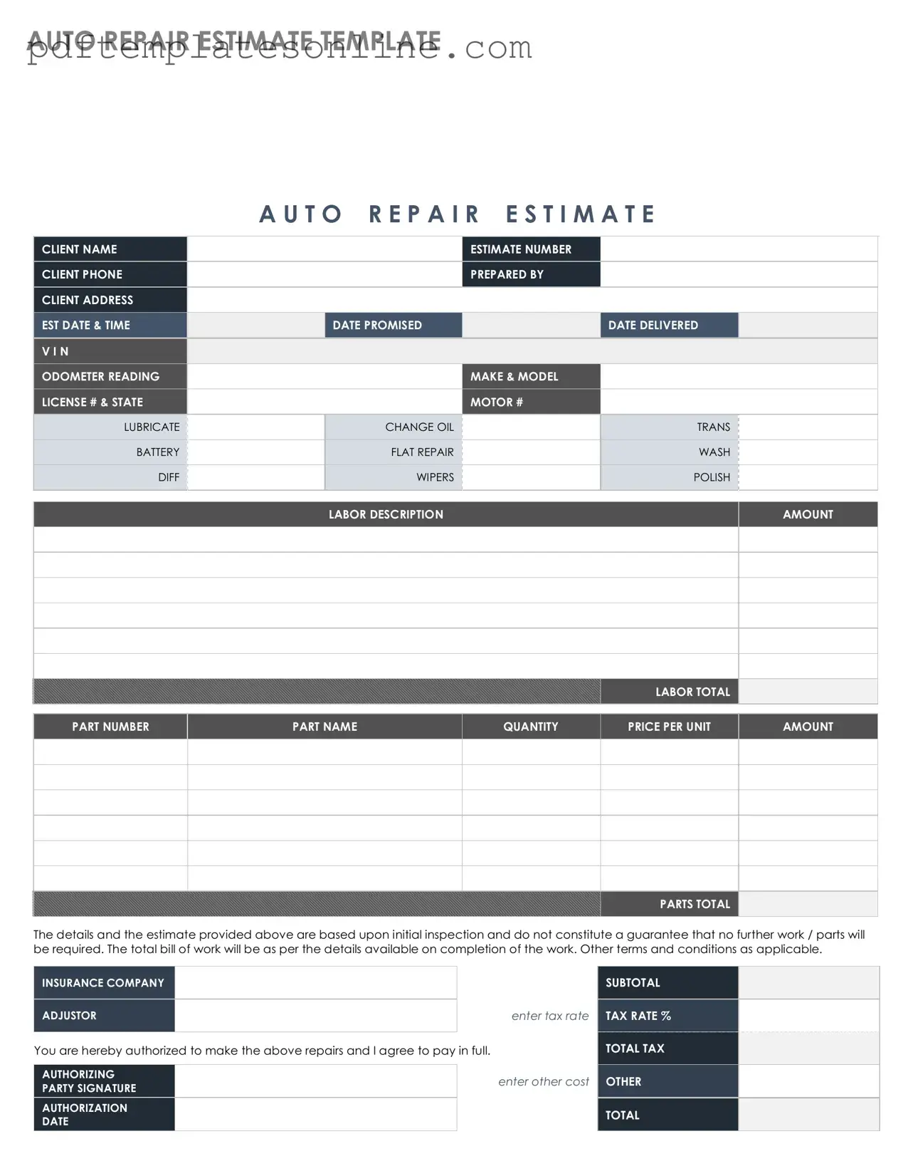 Blank Auto Repair Estimate Form