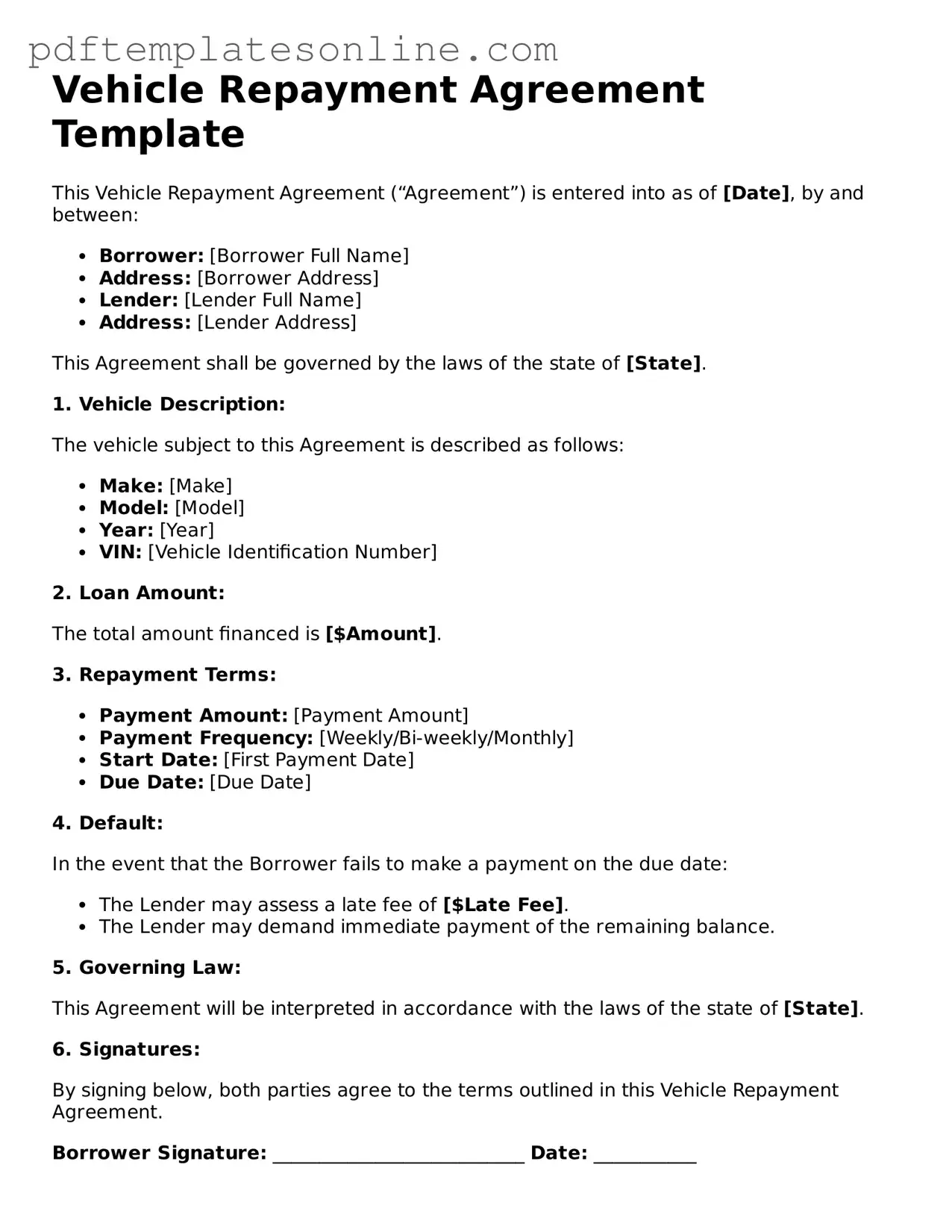 Fillable Vehicle Repayment Agreement Document