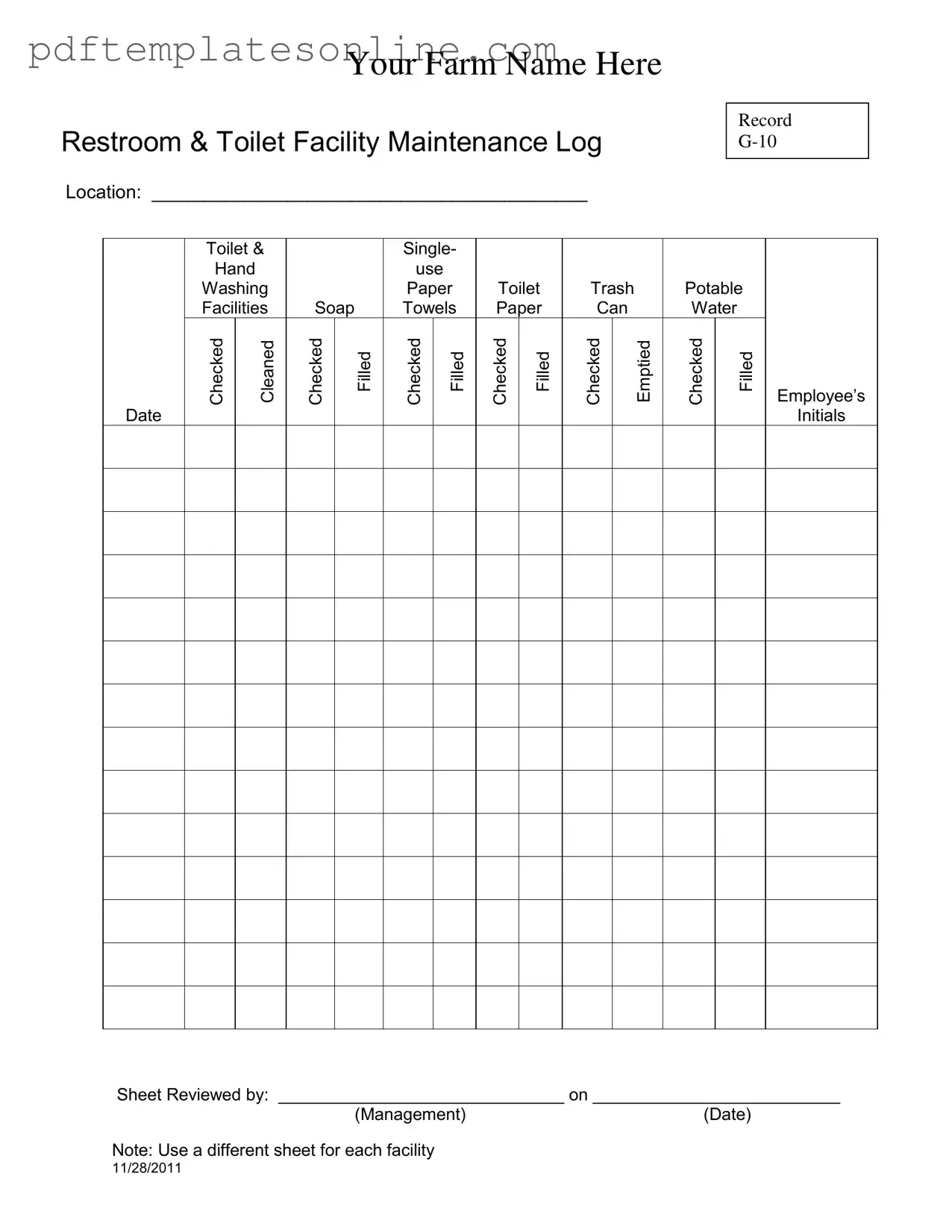 Blank Bathroom Cleaning Log Sheet Form