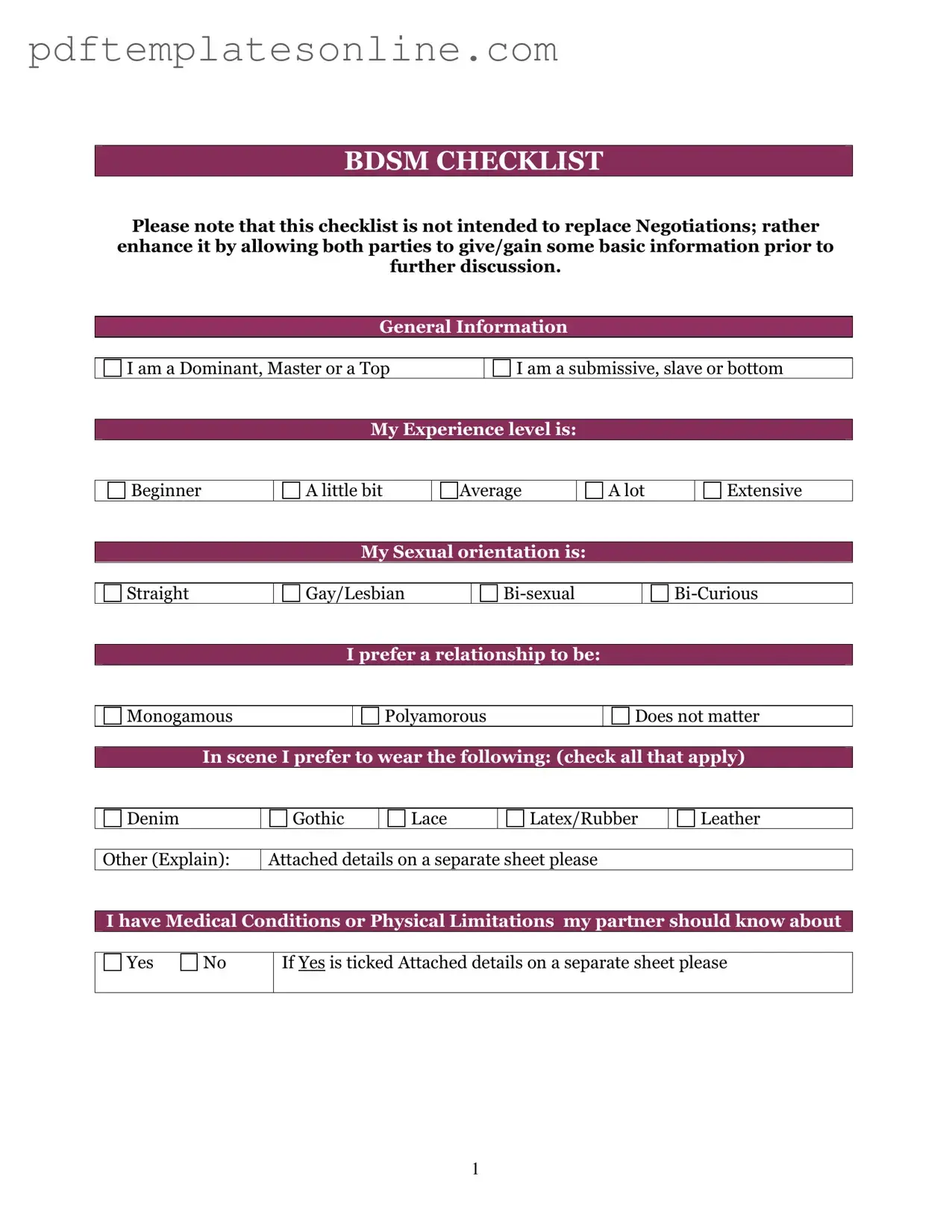Blank Bdsm Checklist Form