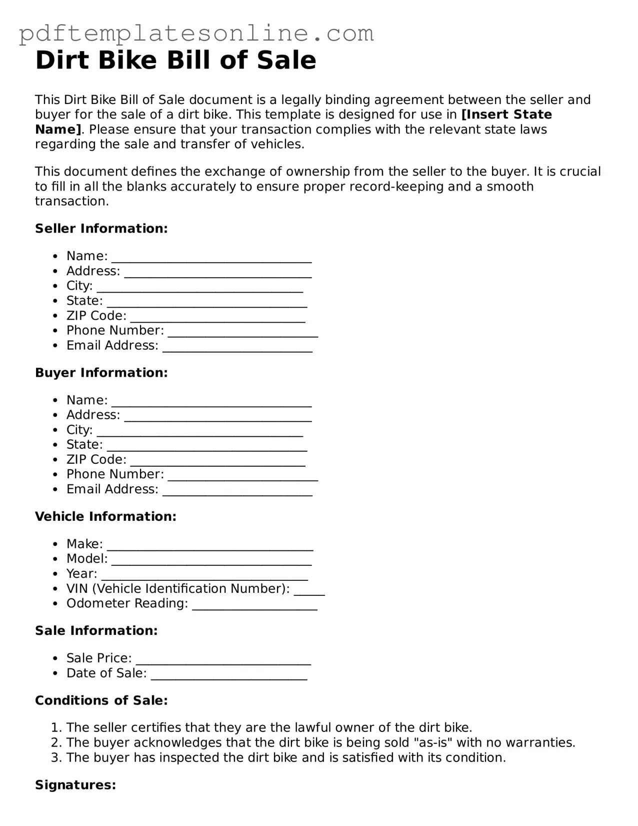 Fillable Dirt Bike Bill of Sale Document
