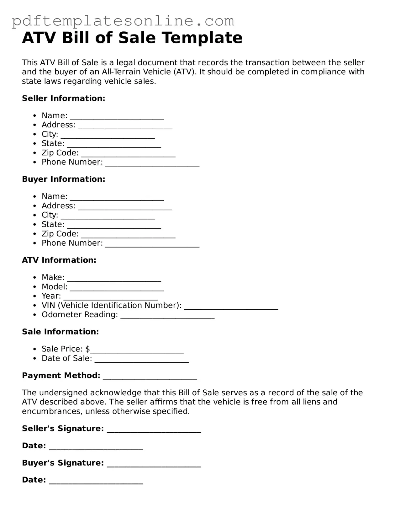 Fillable ATV Bill of Sale Document