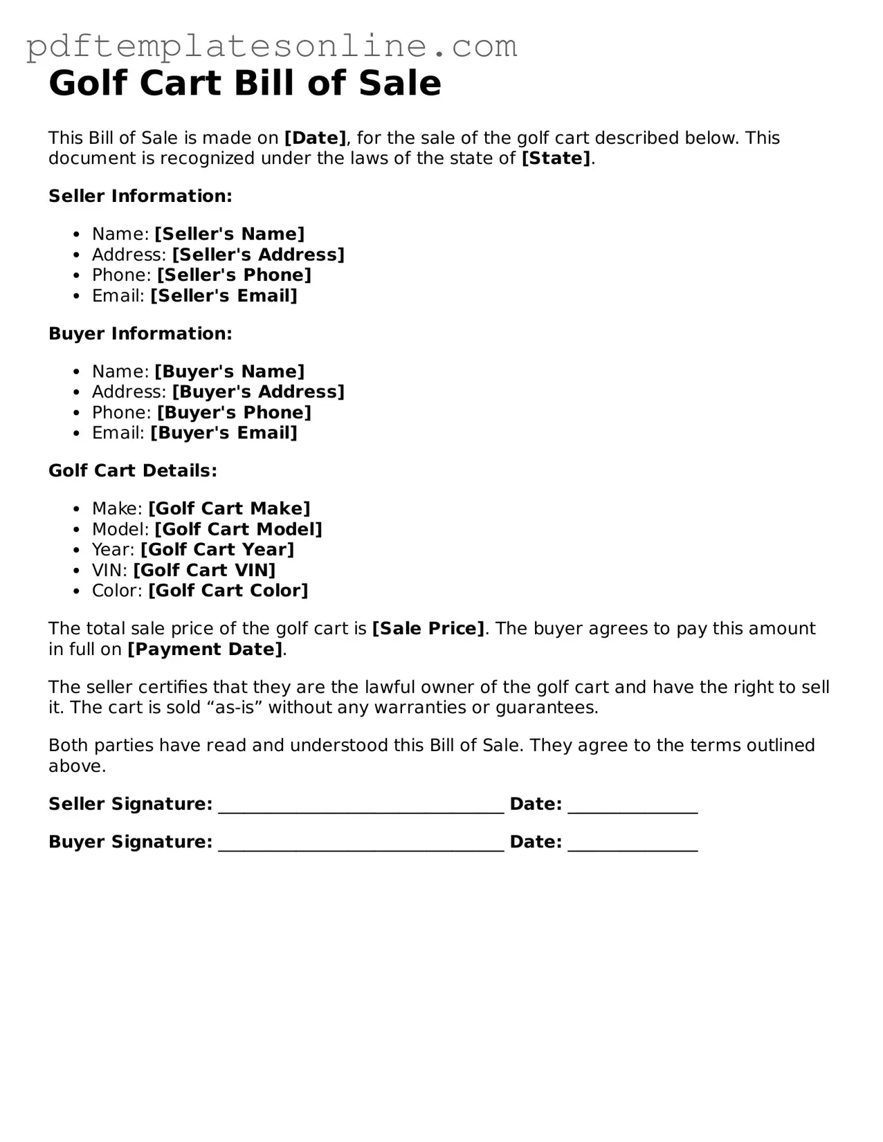 Fillable Golf Cart Bill of Sale Document