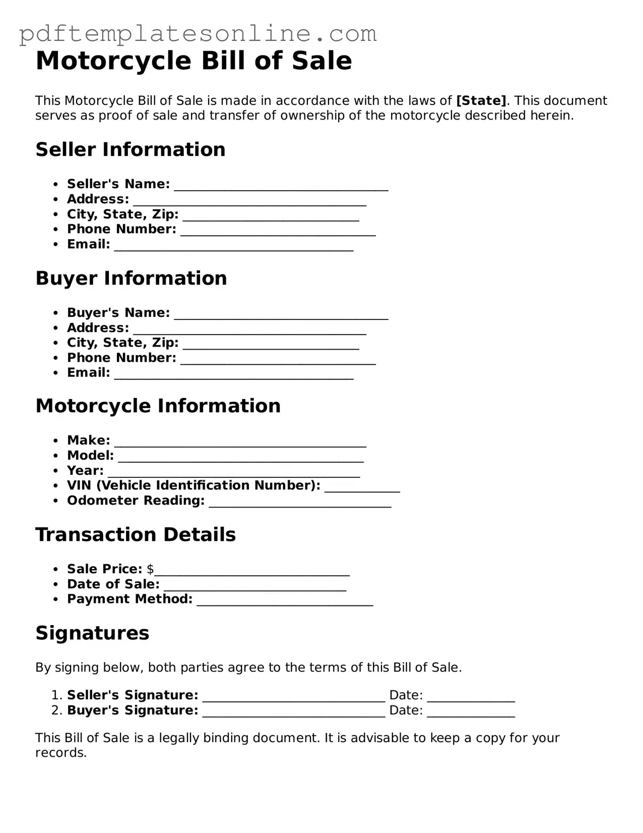 Fillable Motorcycle Bill of Sale Document