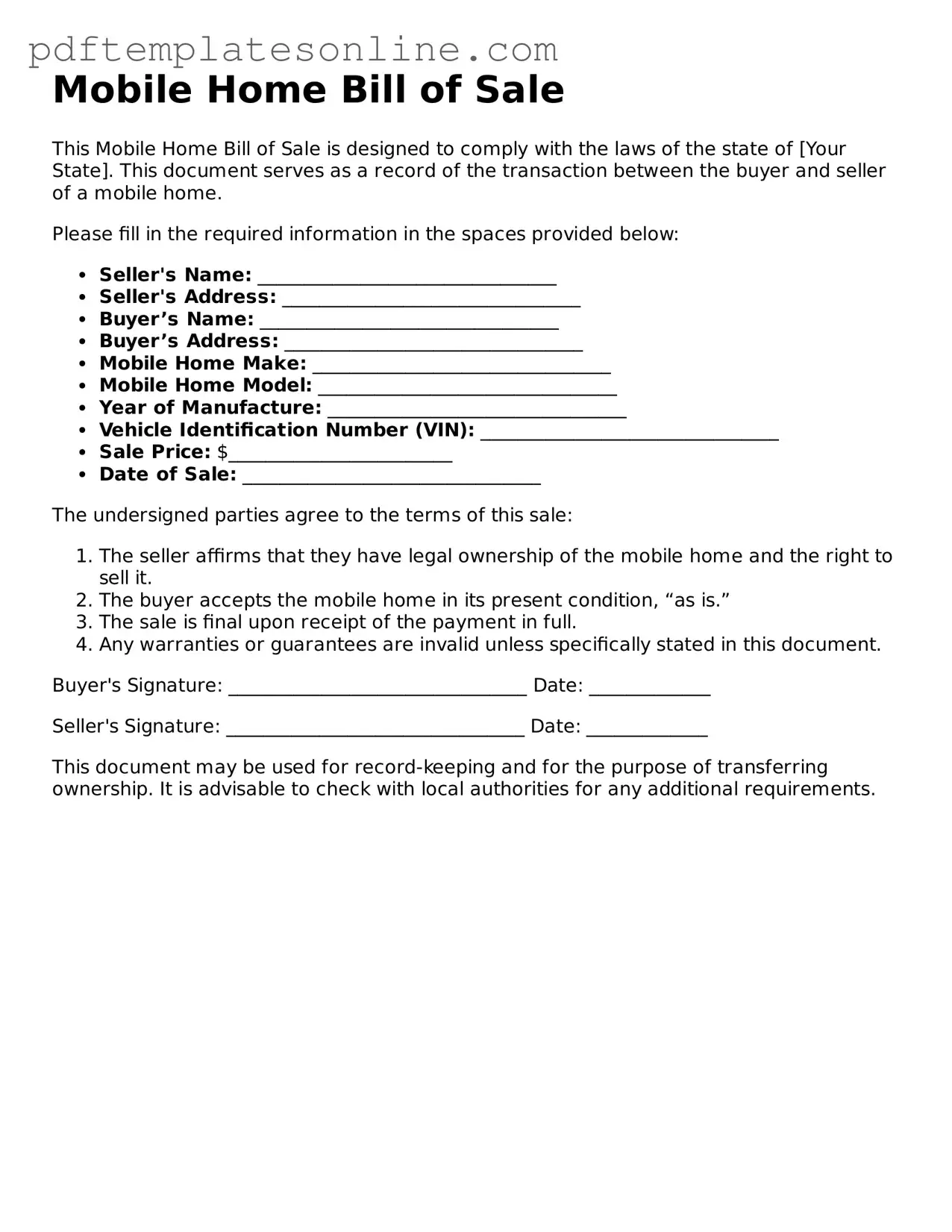 Fillable Mobile Home Bill of Sale Document