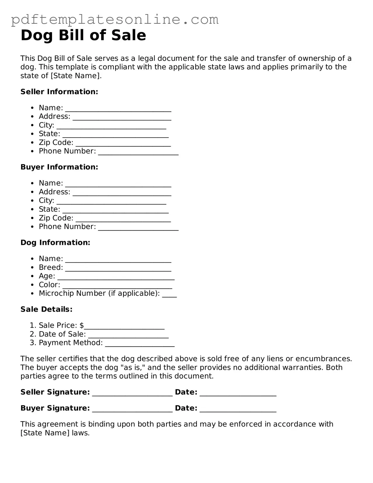 Fillable Dog Bill of Sale Document
