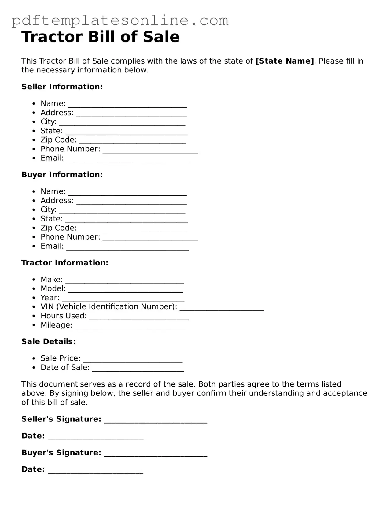 Fillable Tractor Bill of Sale Document