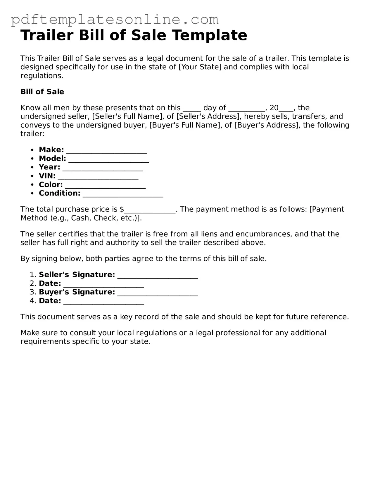 Fillable Trailer Bill of Sale Document