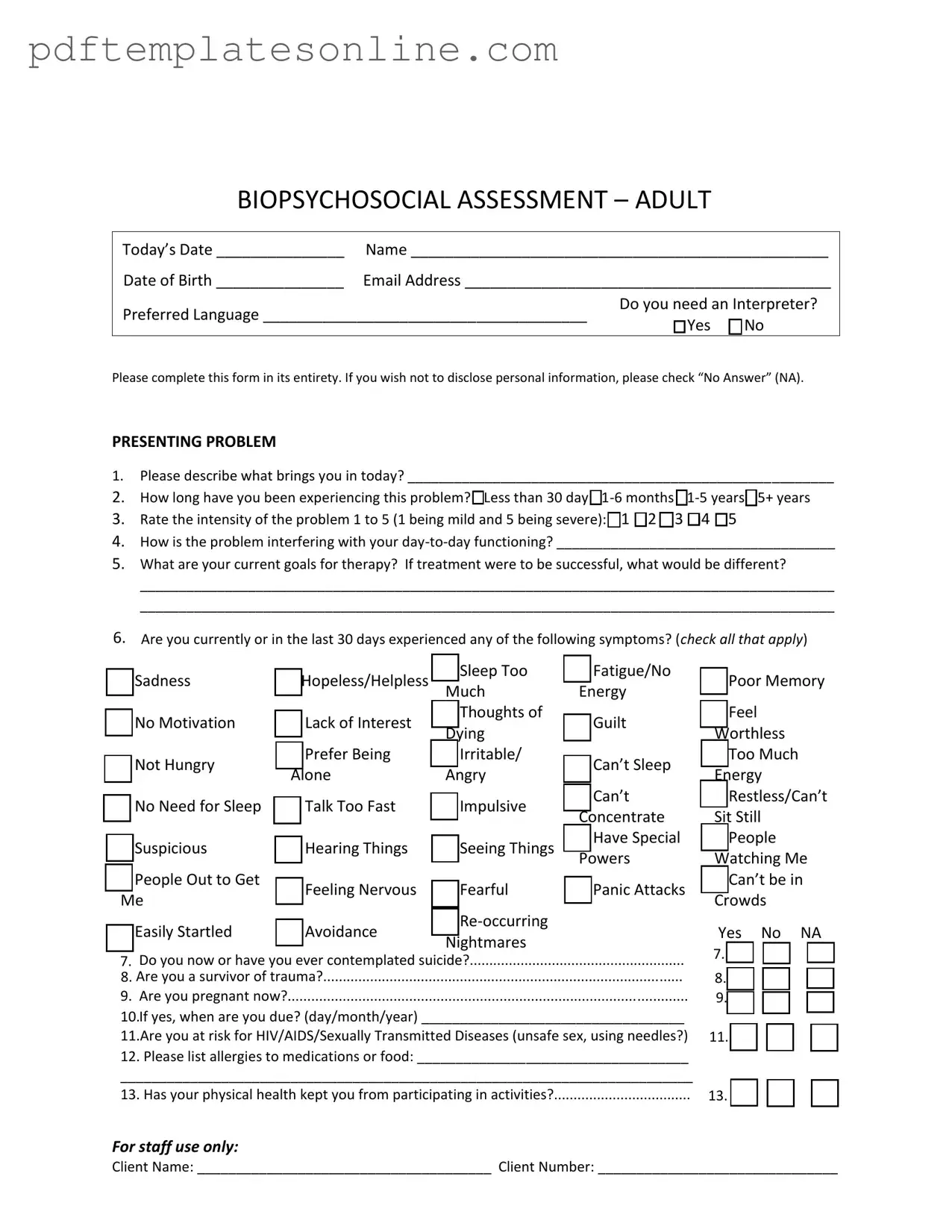 Blank Biopsychosocial Assessment Social Work Form