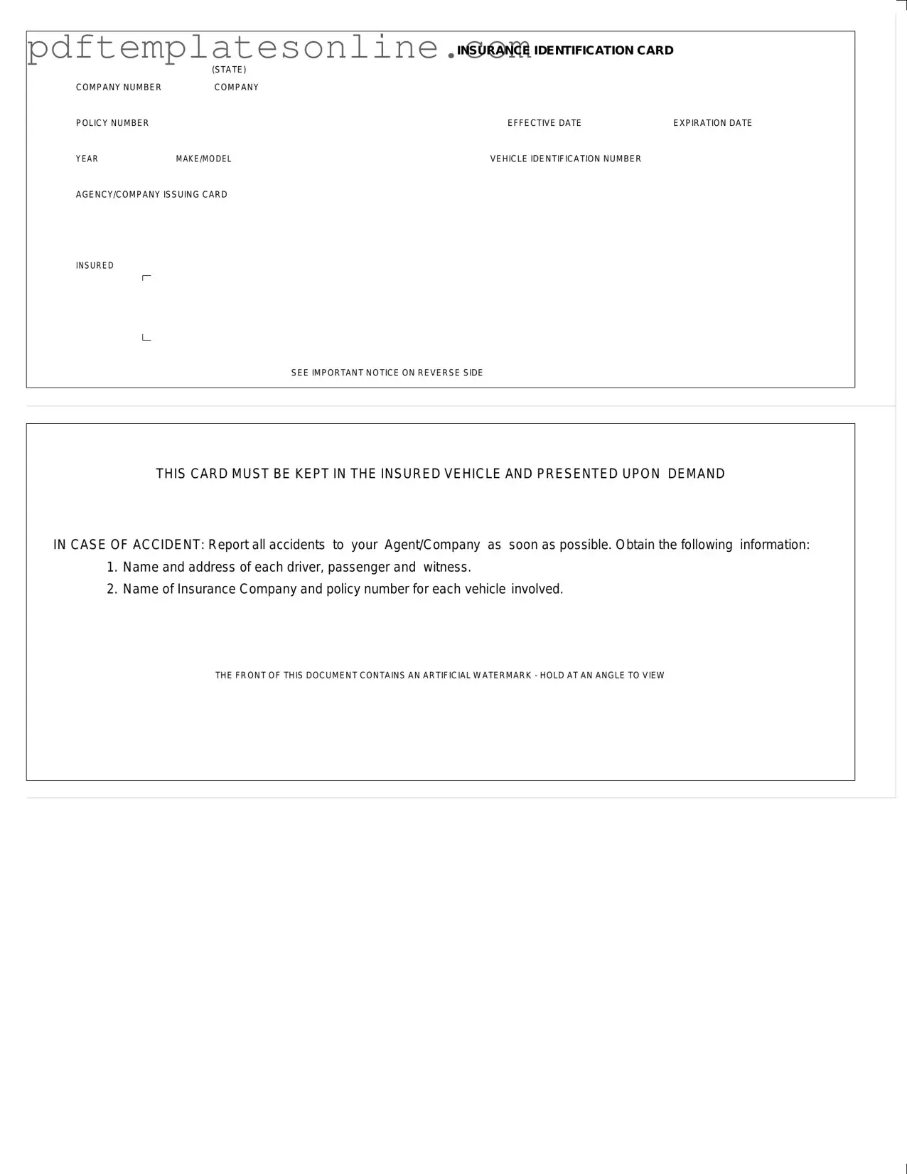 Blank Auto Insurance Card Form