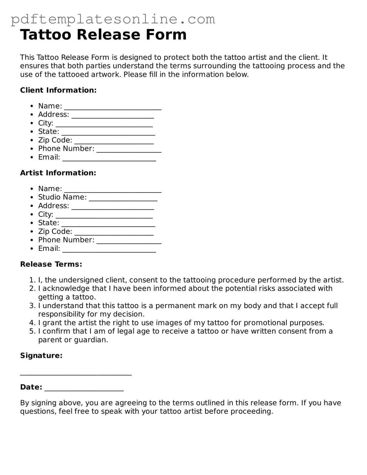 Fillable Tattoo Release Document