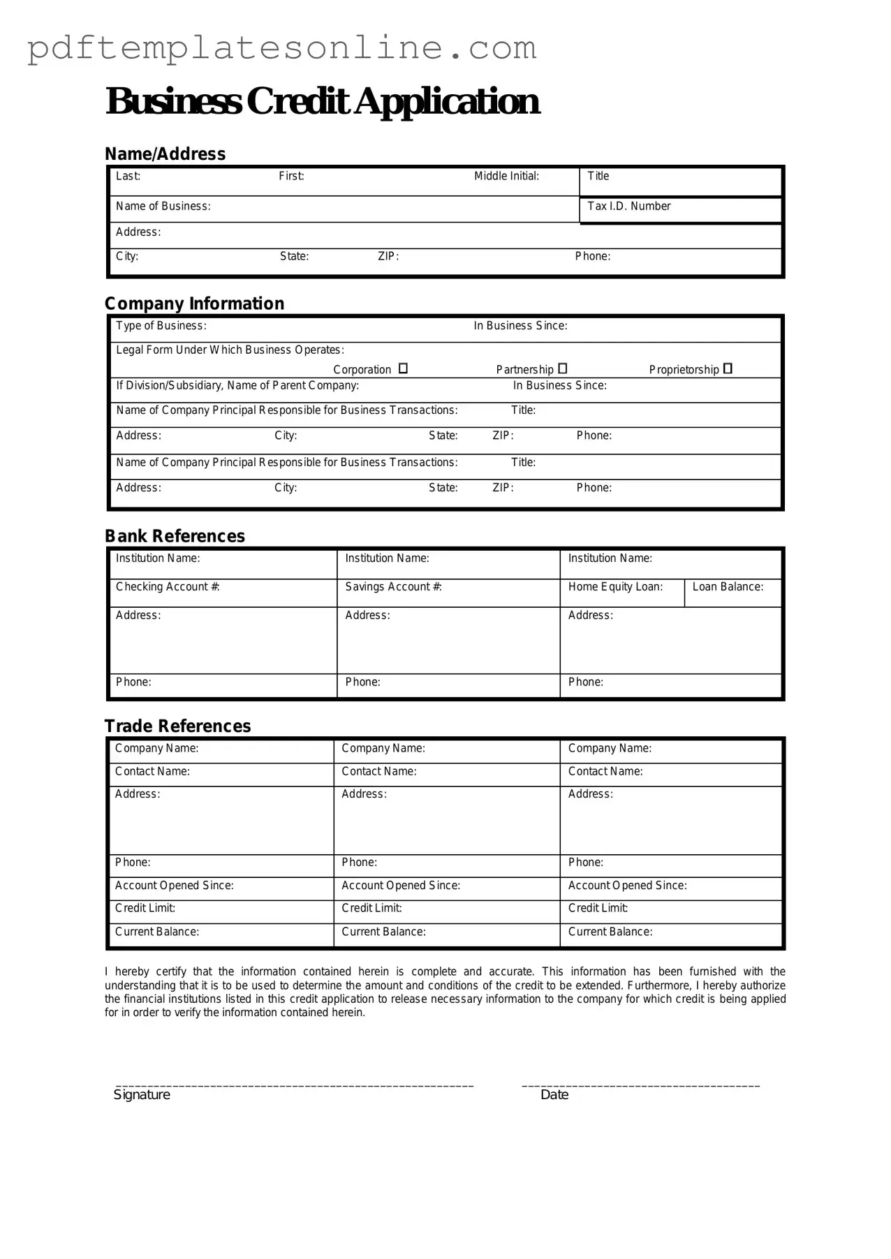 Blank Business Credit Application Form