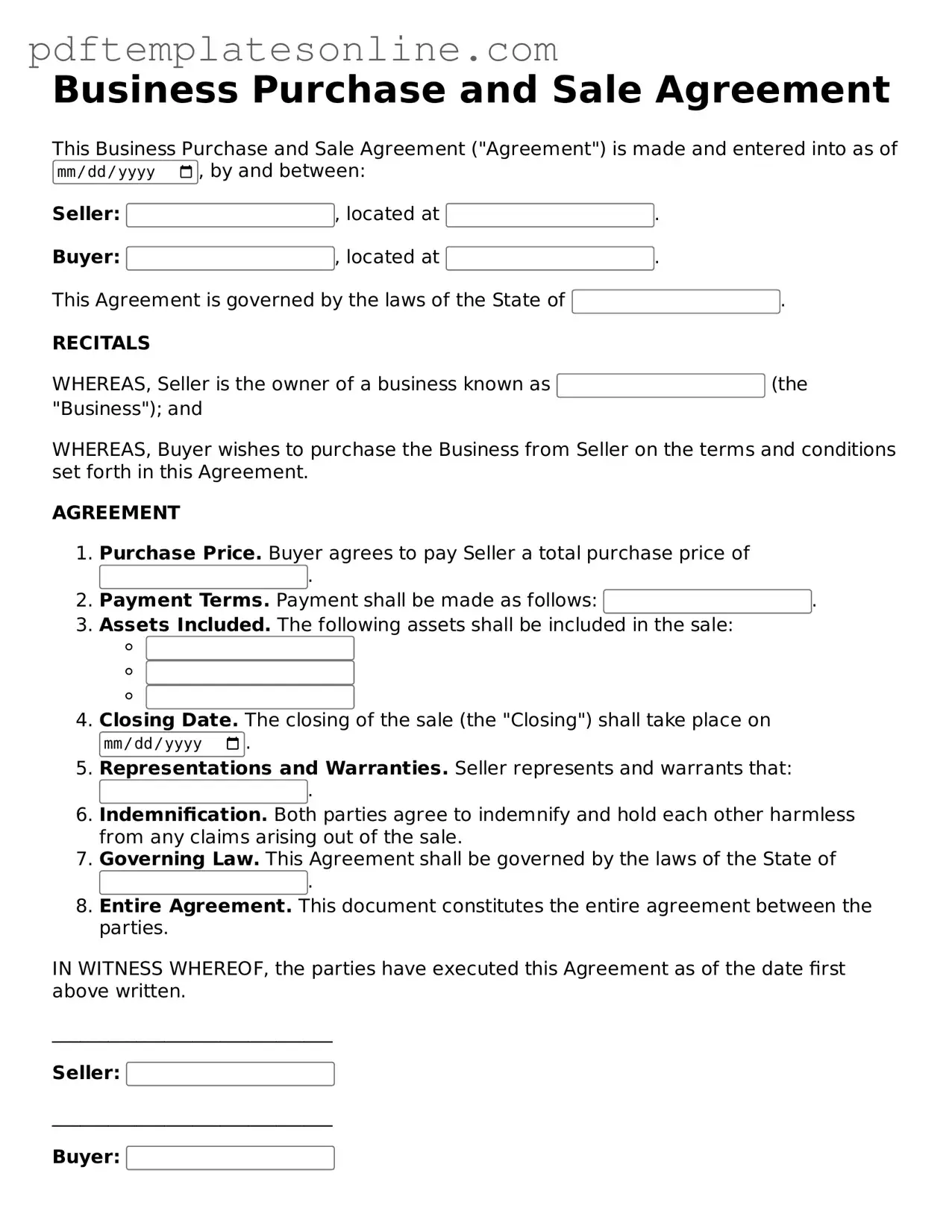 Fillable Business Purchase and Sale Agreement Document