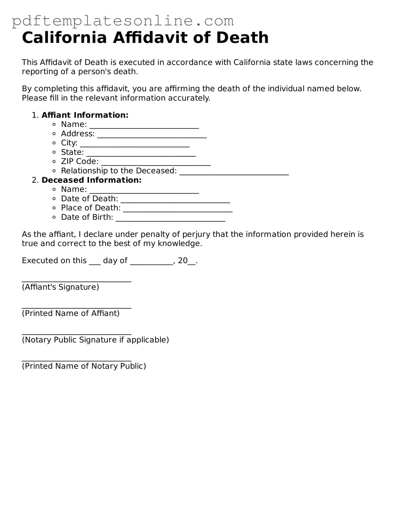 Official California Affidavit of Death Document