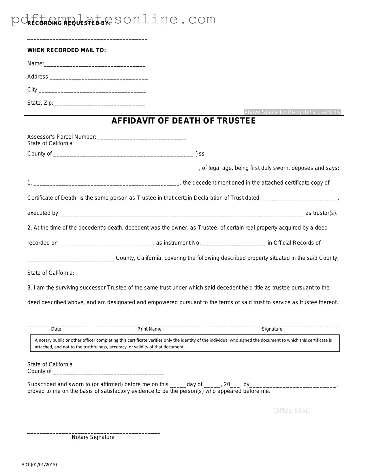 Blank California Affidavit of Death of a Trustee Form