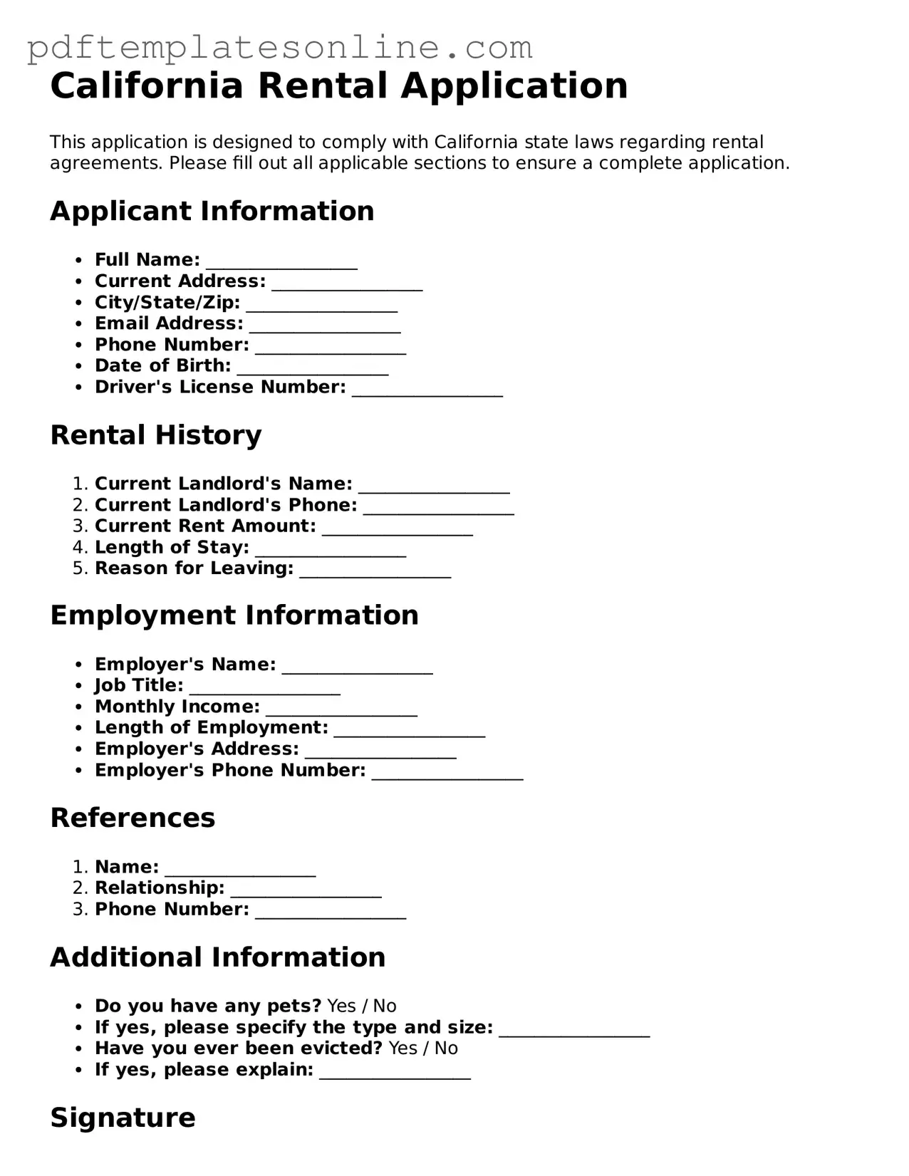 Official California Rental Application Document