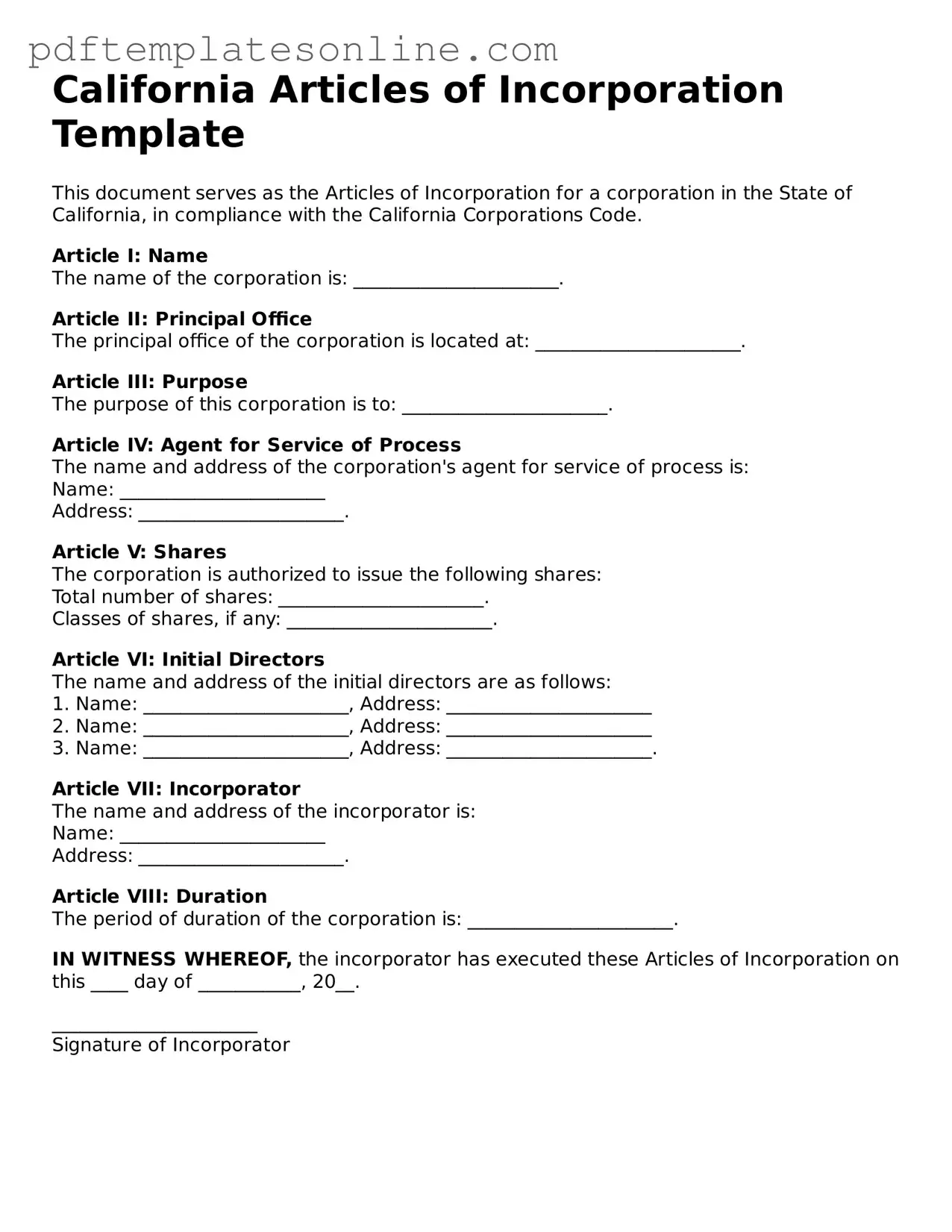 Official California Articles of Incorporation Document