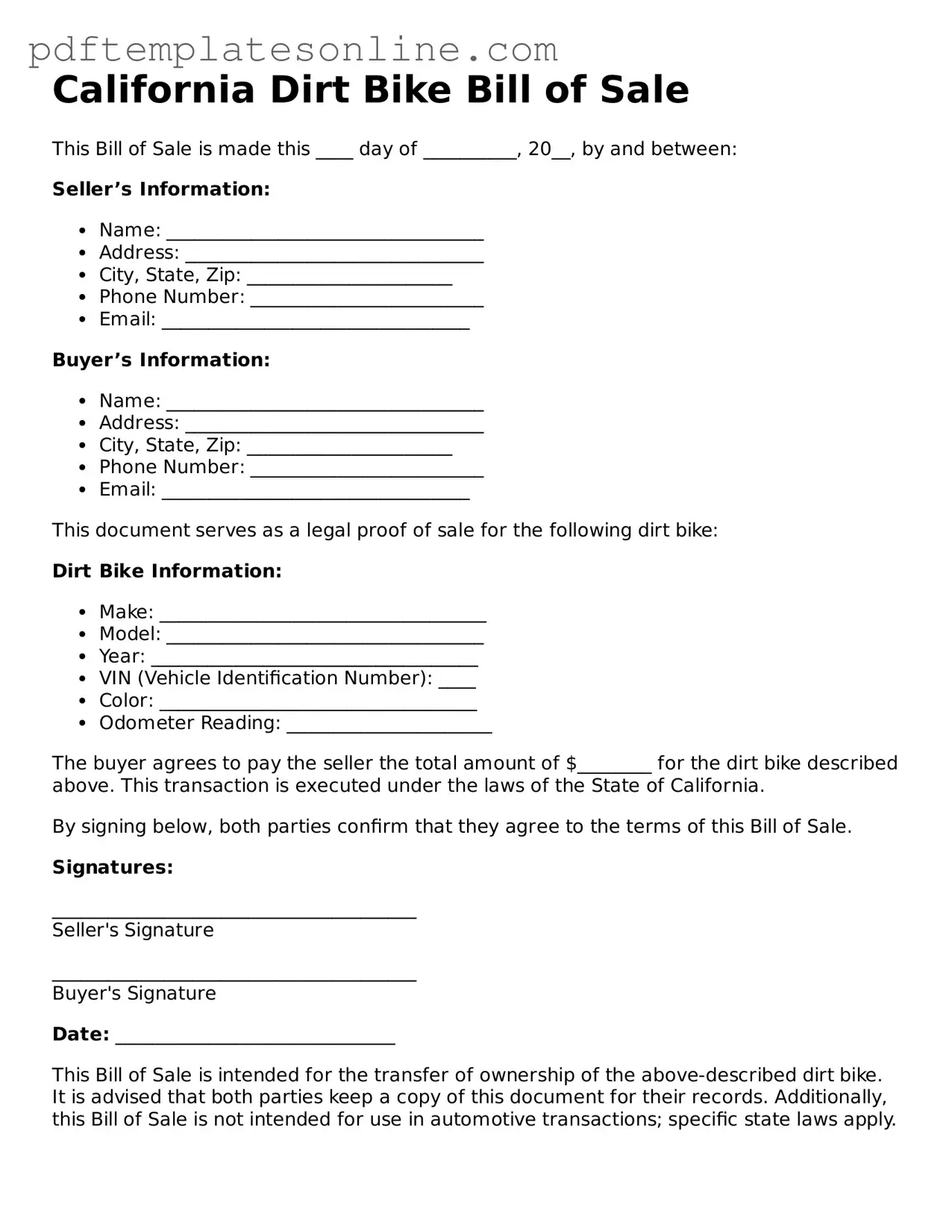 Official California Dirt Bike Bill of Sale Document