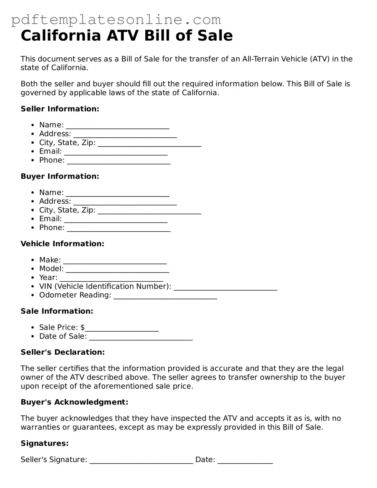 Official California ATV Bill of Sale Document