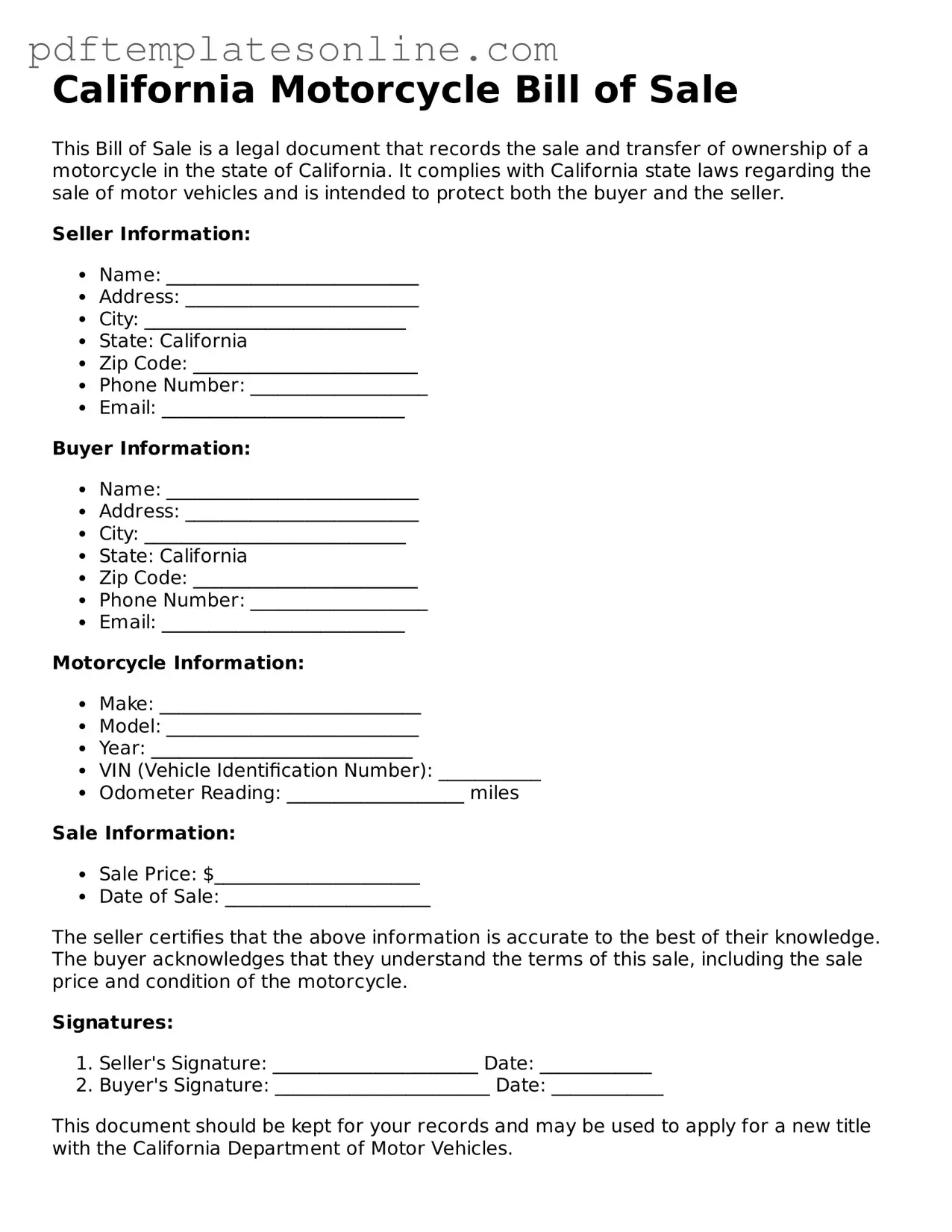 Official California Motorcycle Bill of Sale Document