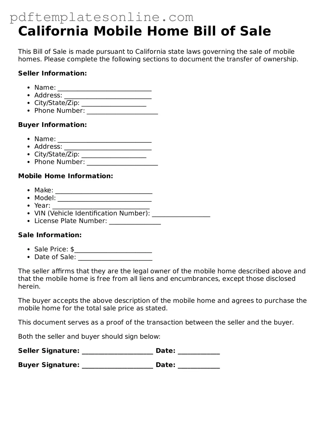 Official California Mobile Home Bill of Sale Document