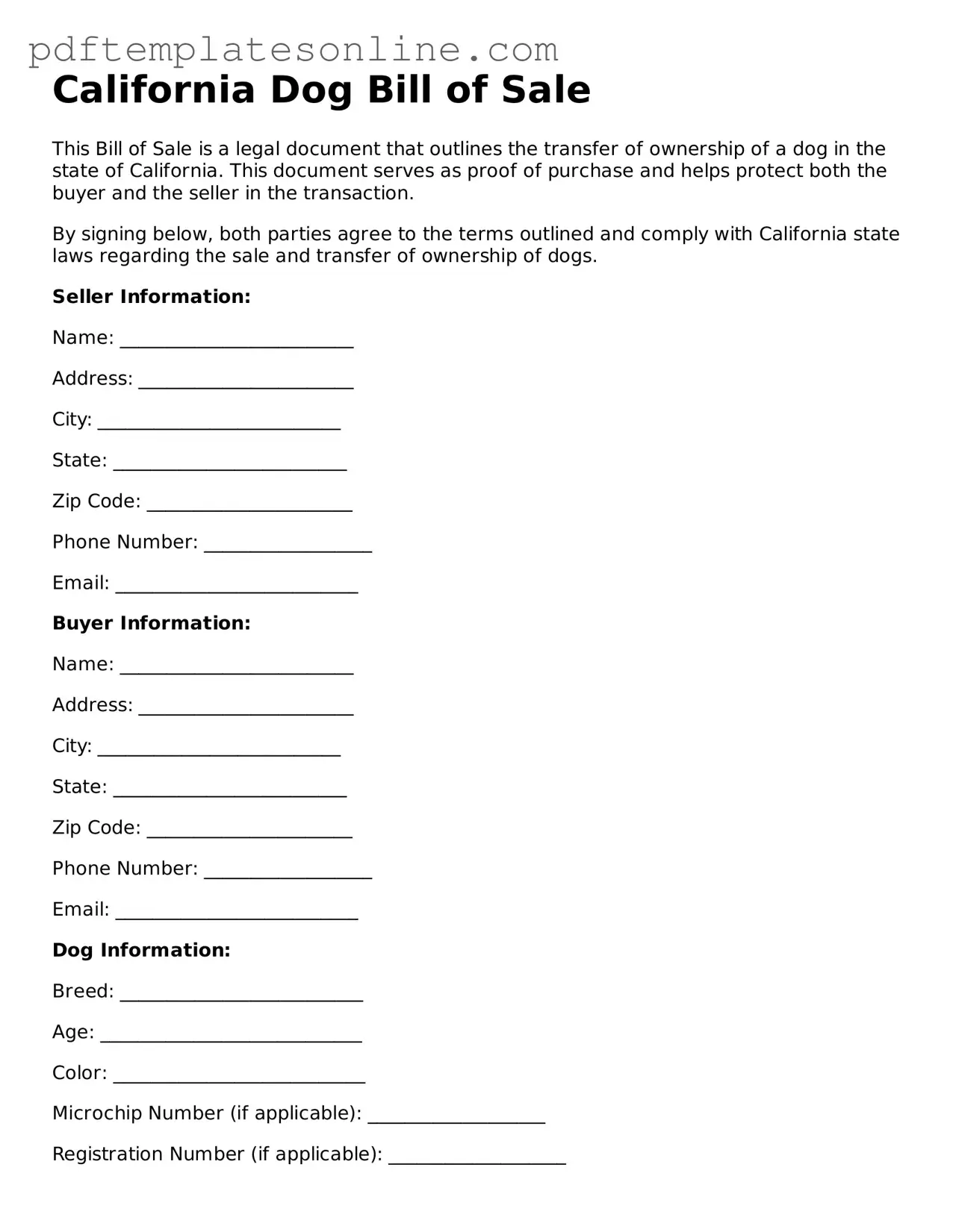 Official California Dog Bill of Sale Document