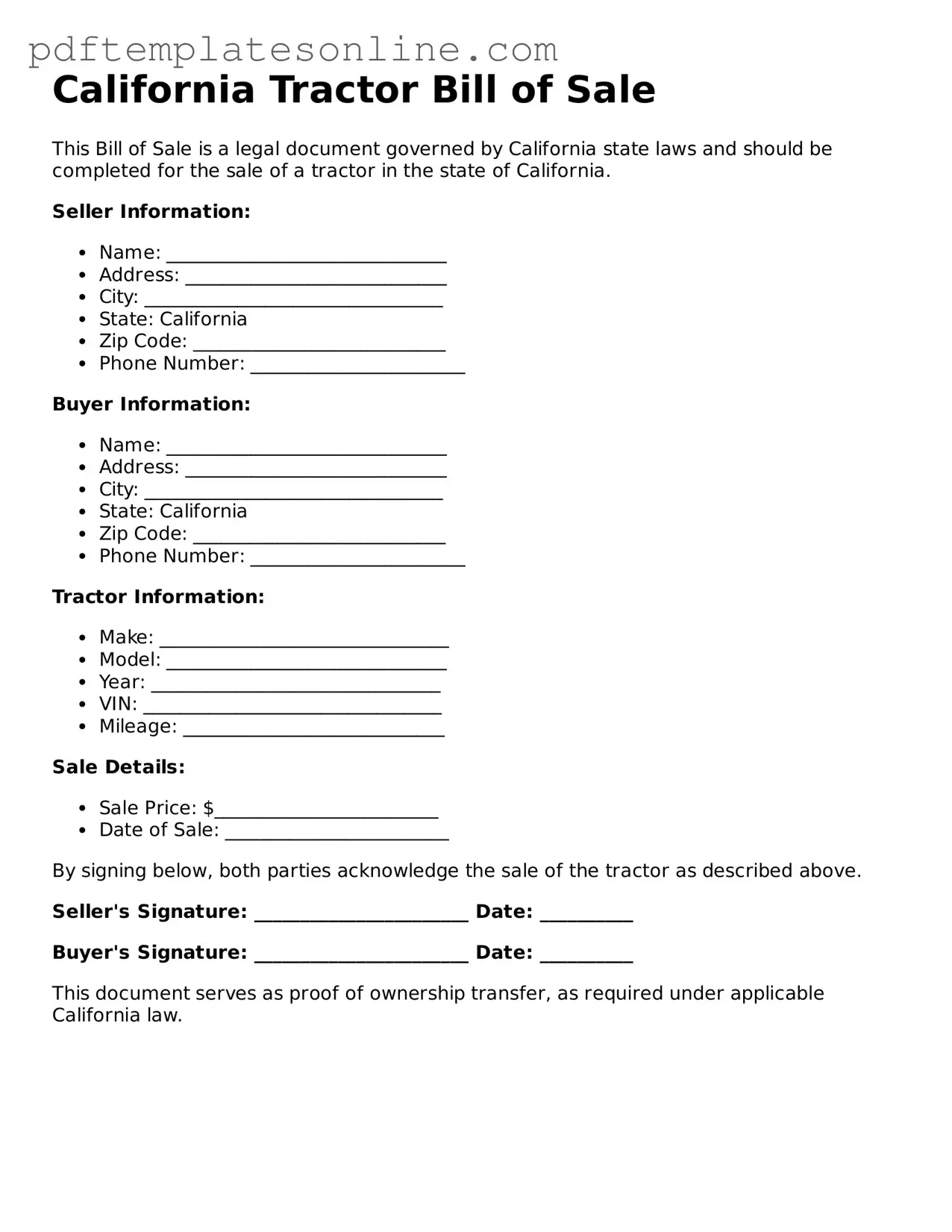 Official California Tractor Bill of Sale Document