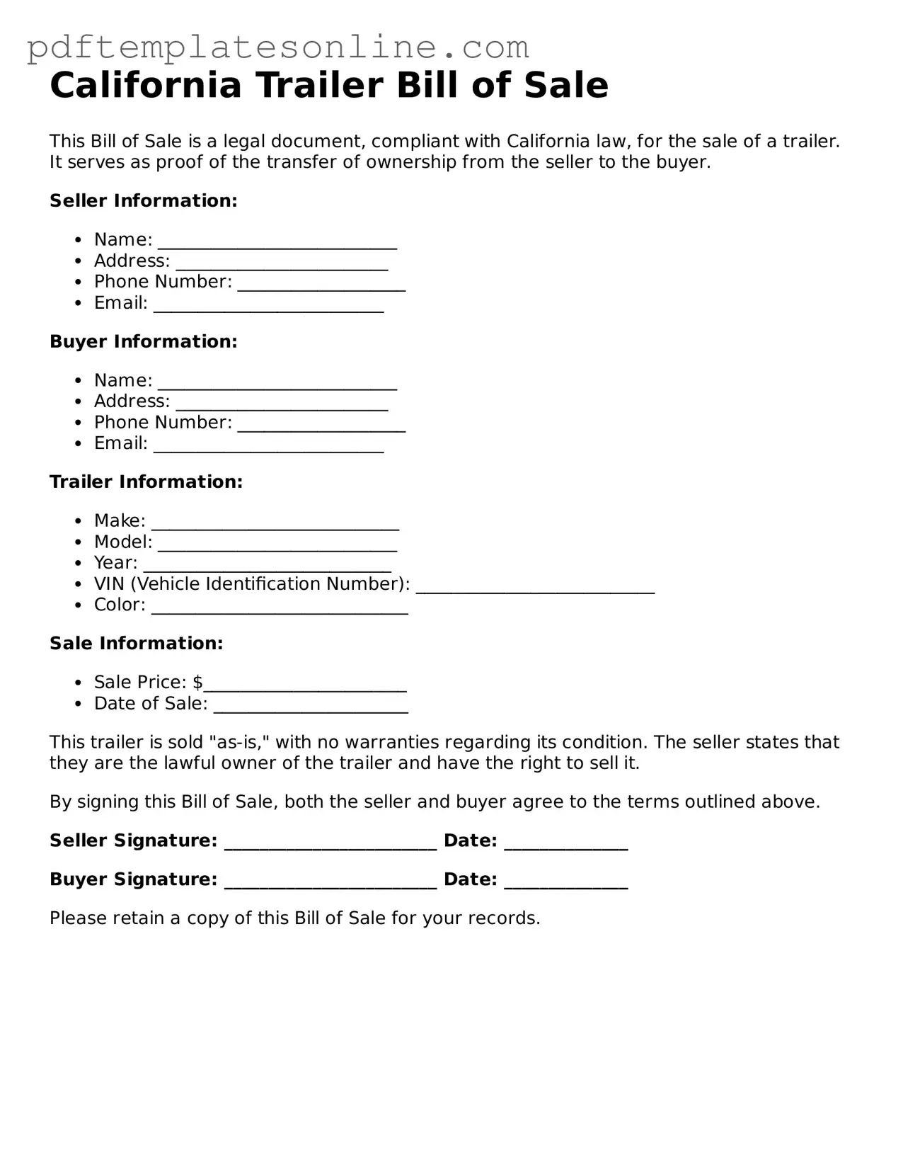Official California Trailer Bill of Sale Document