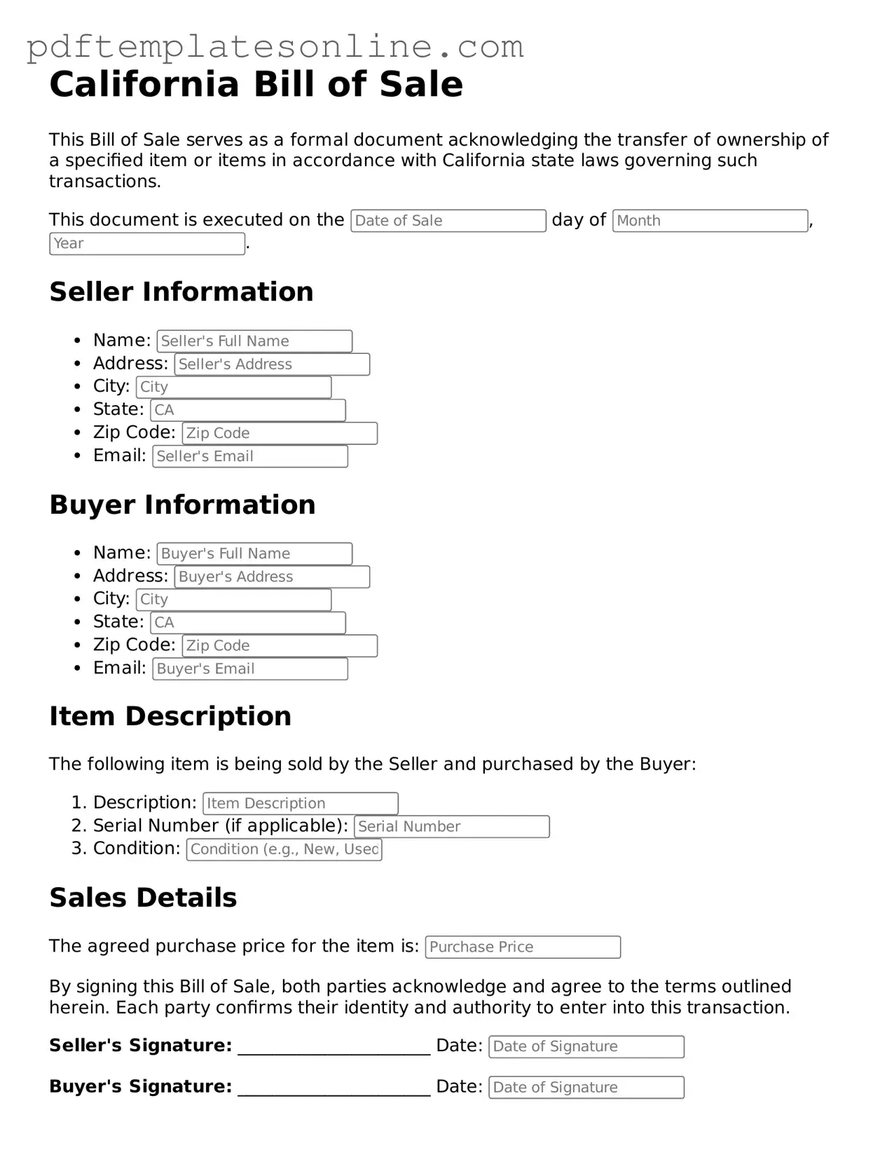Official California Bill of Sale Document