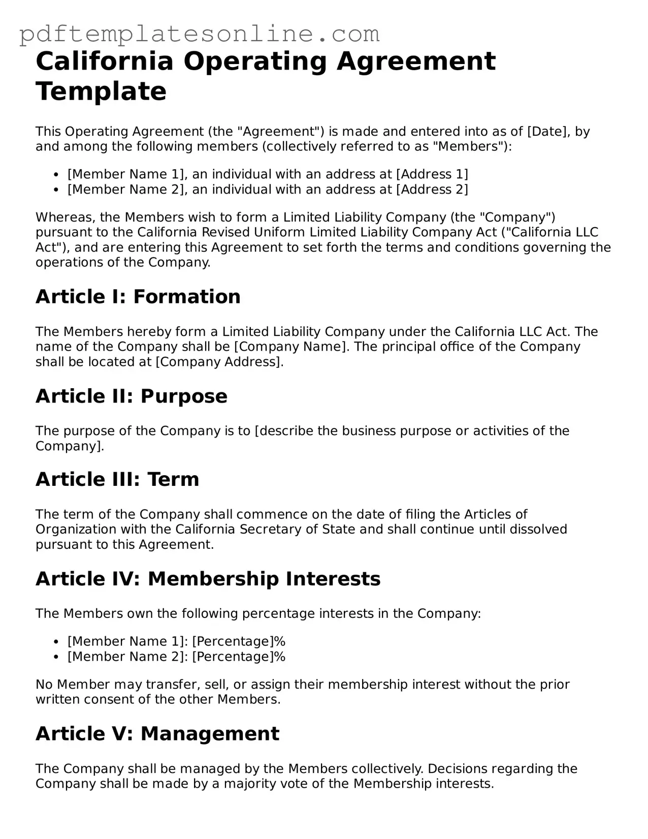 Official California Operating Agreement Document