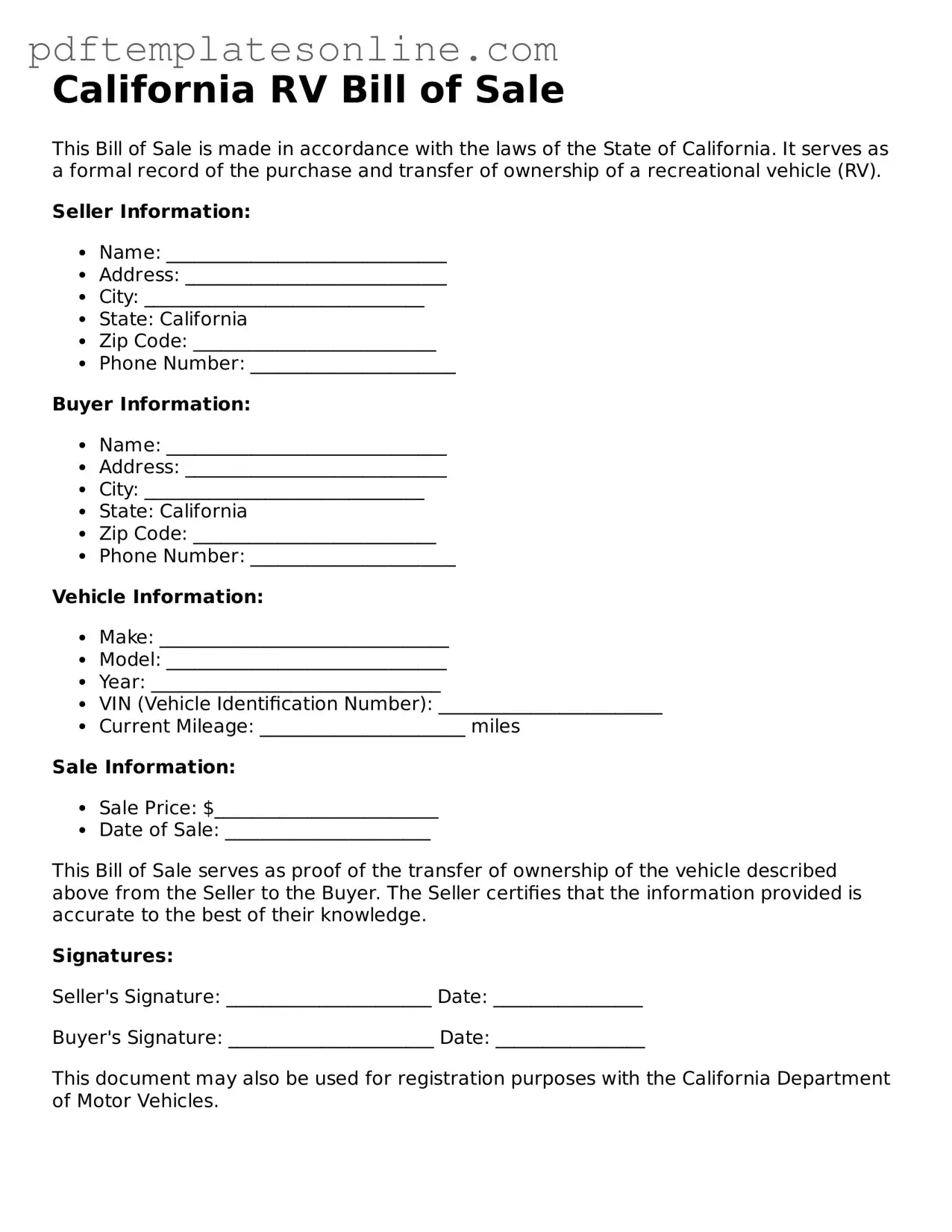 Official California RV Bill of Sale Document