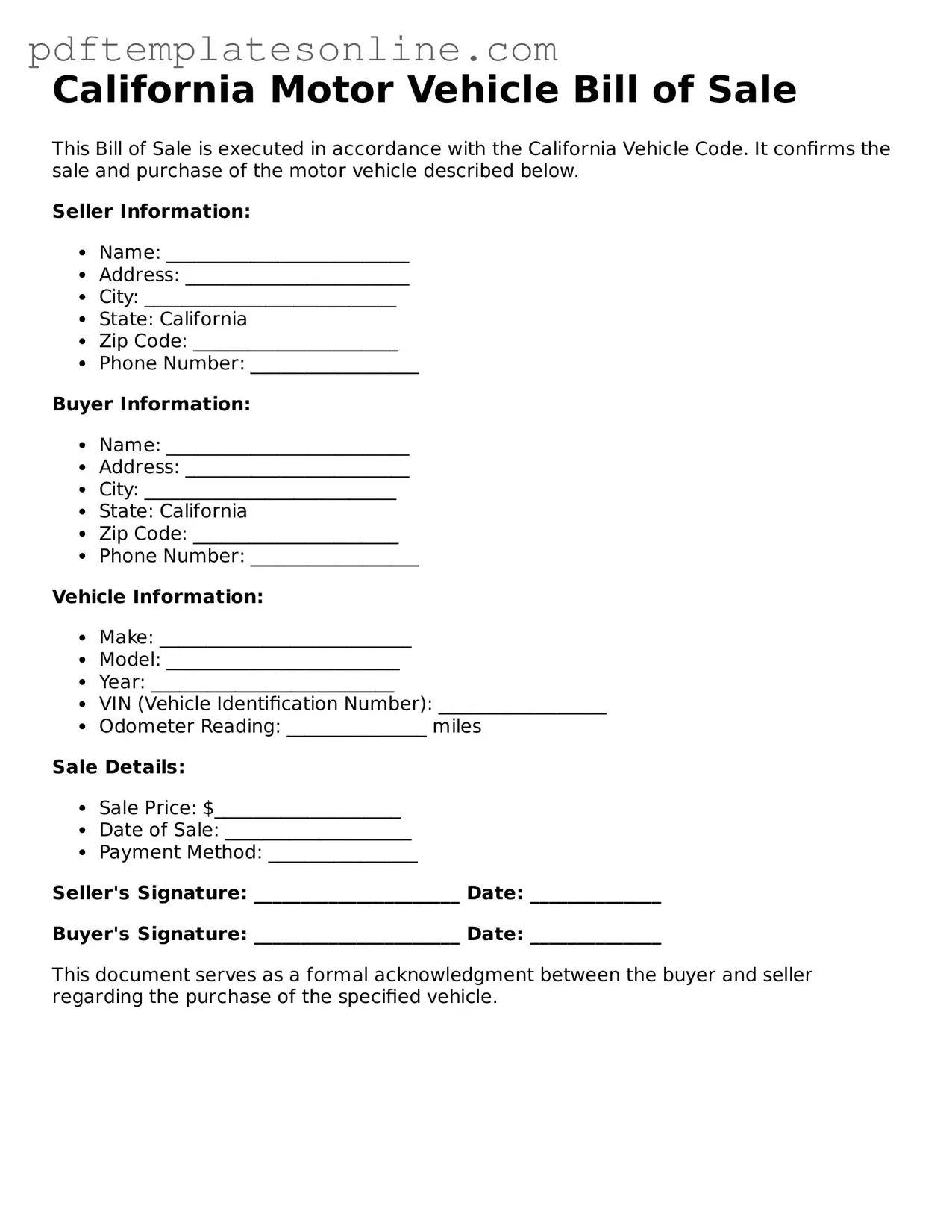 Official California Motor Vehicle Bill of Sale Document