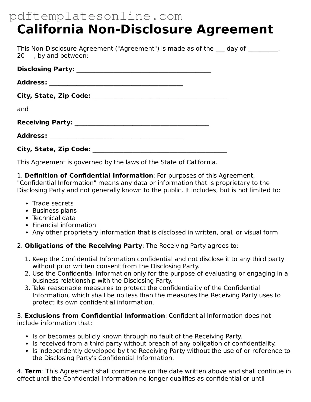 Official California Non-disclosure Agreement Document