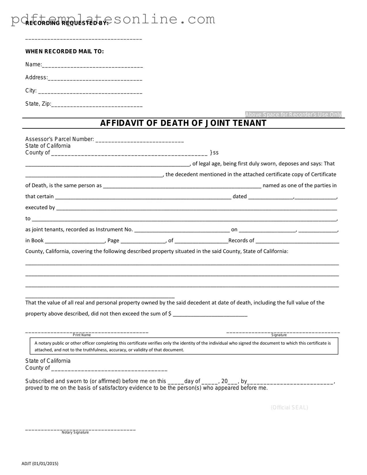 Blank California Death of a Joint Tenant Affidavit Form