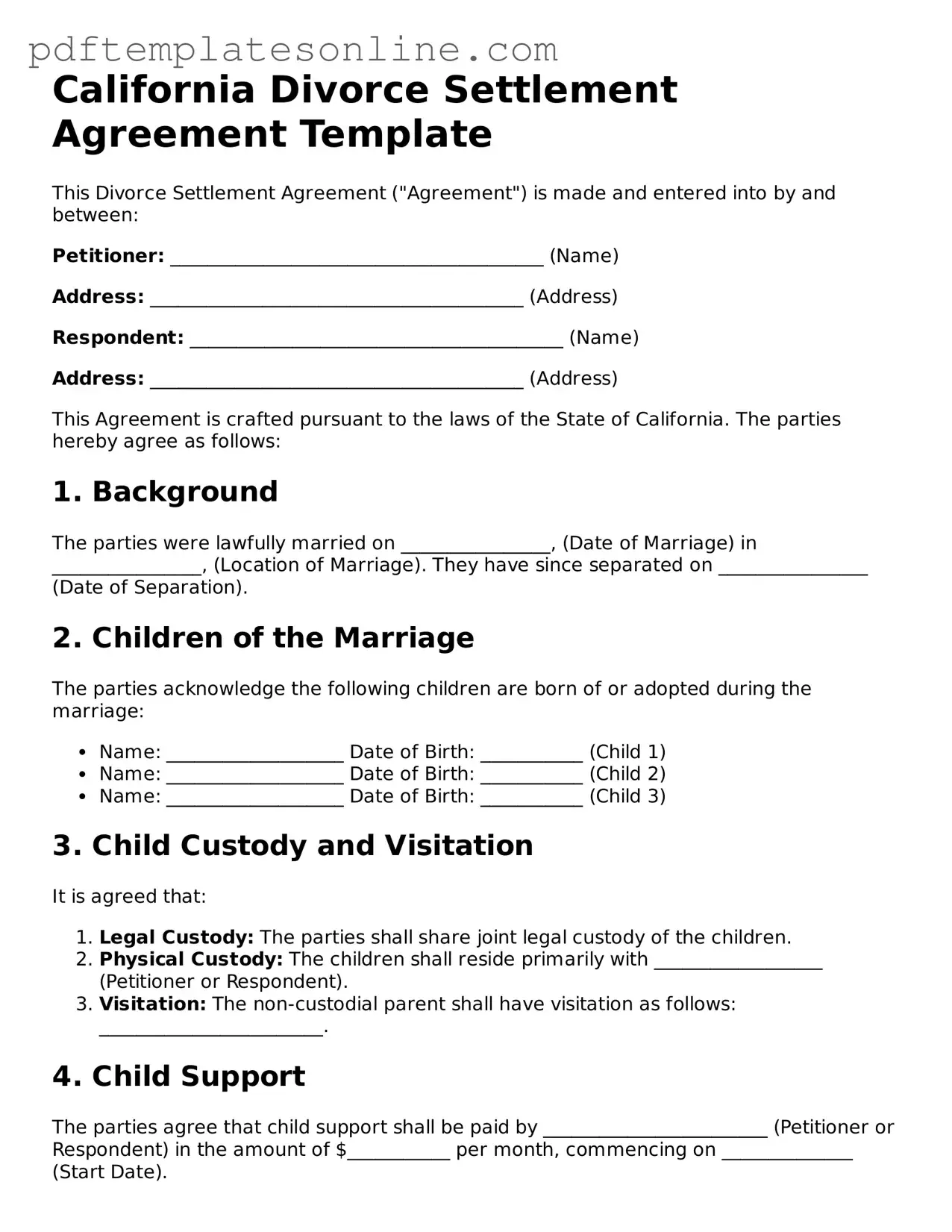 Official California Divorce Settlement Agreement Document