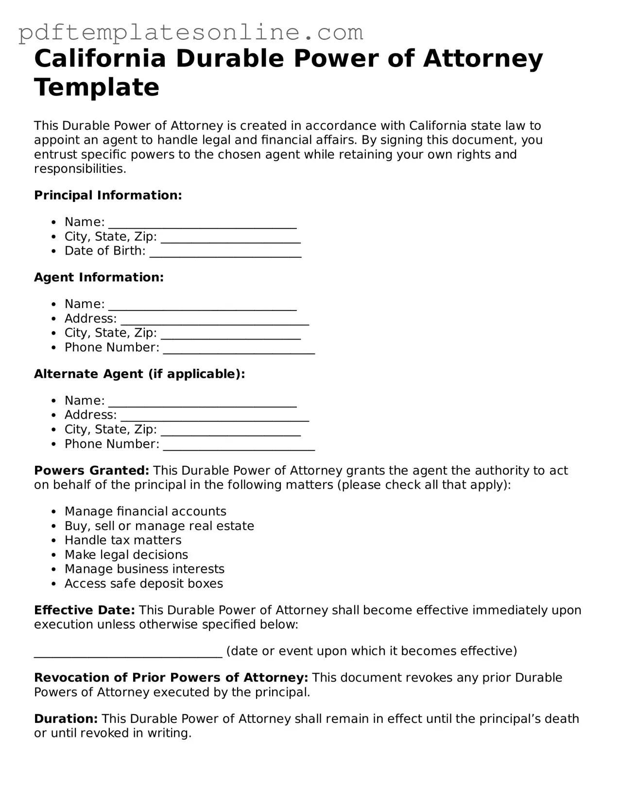 Official California Durable Power of Attorney Document