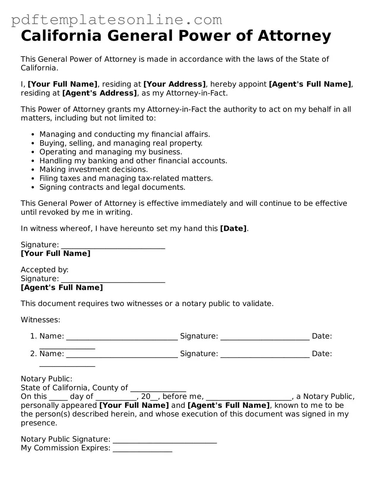 Official California General Power of Attorney Document