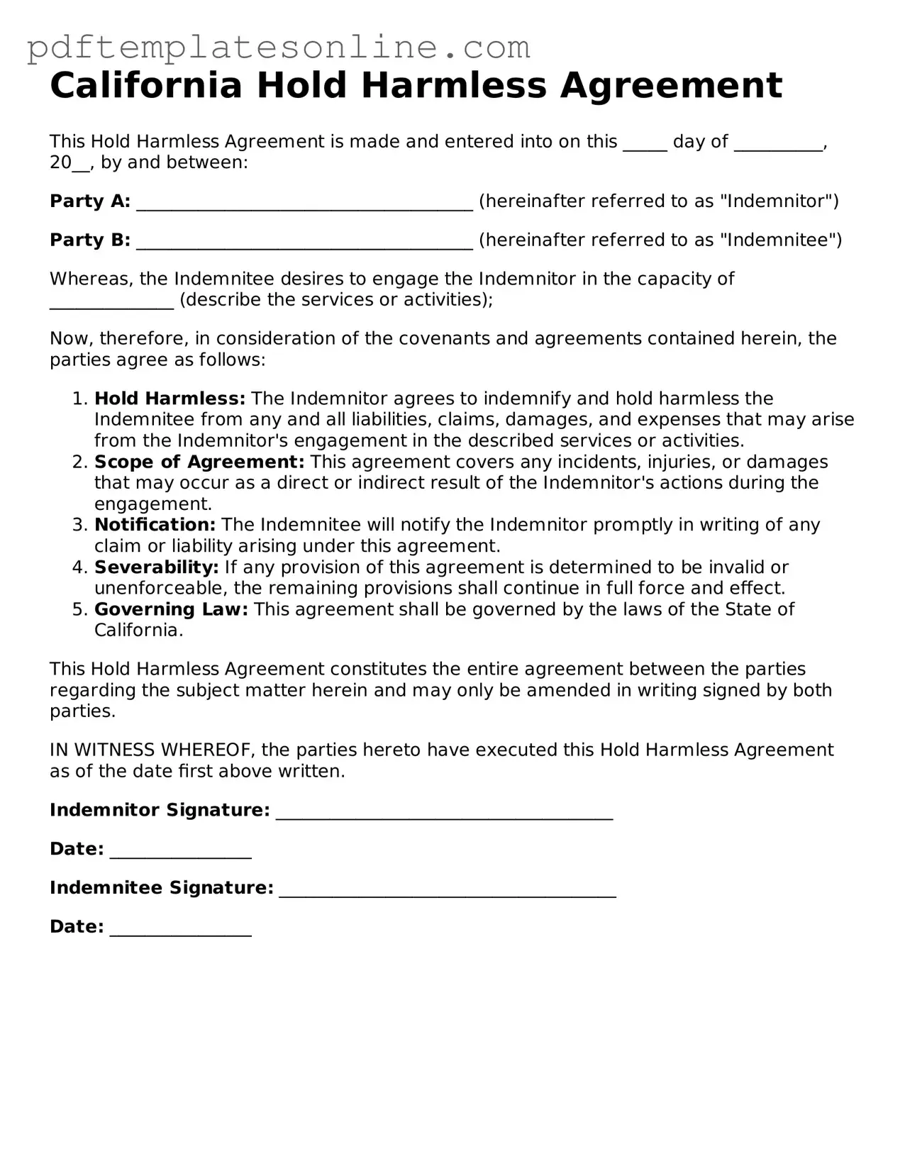 Official California Hold Harmless Agreement Document