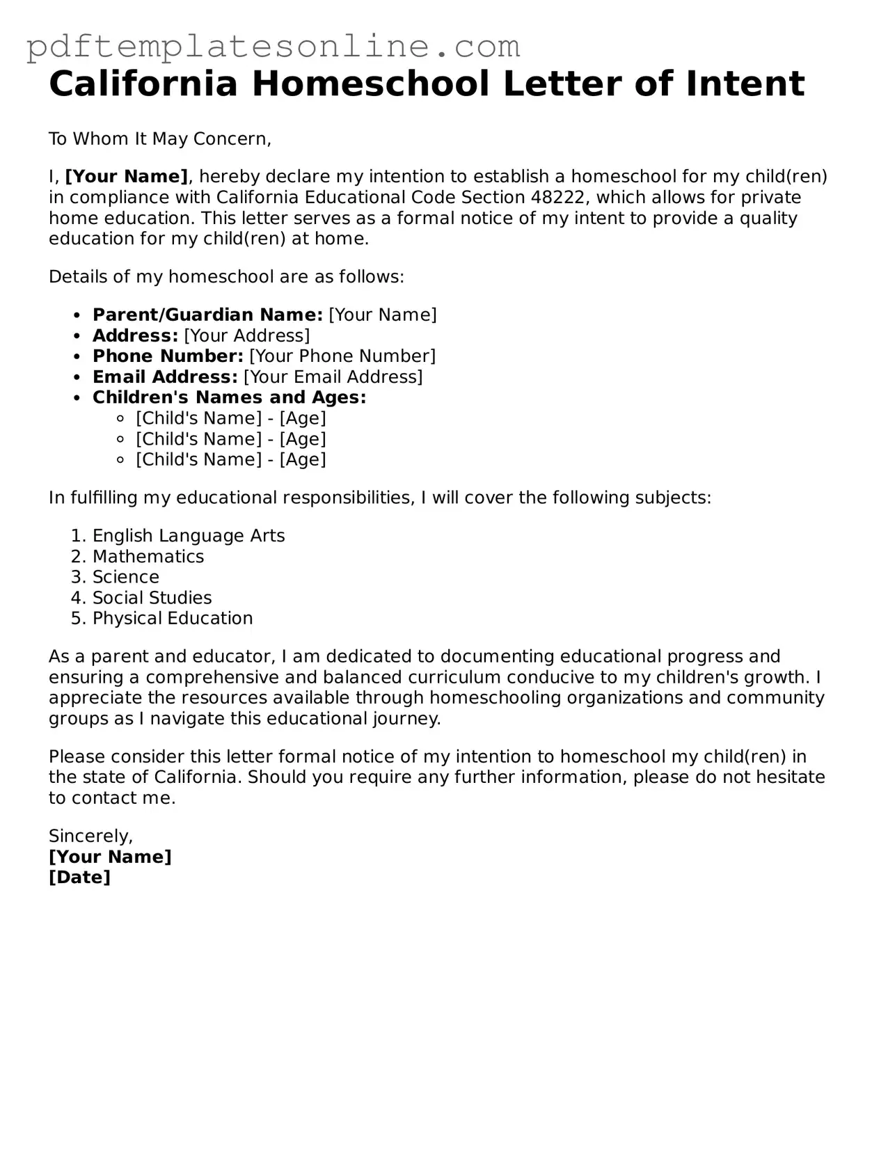 Official California Homeschool Letter of Intent Document